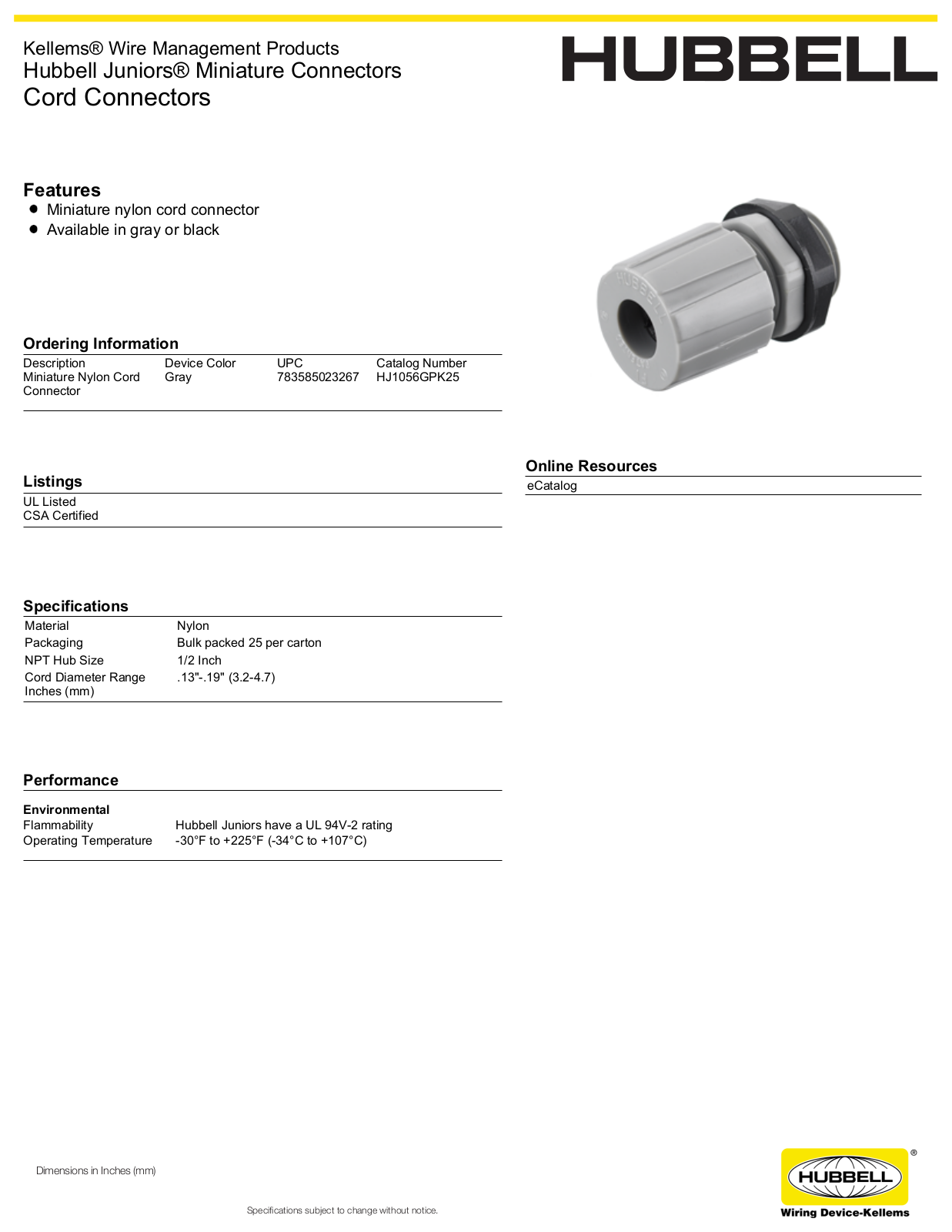 Hubbell HJ1056GPK25 Specifications