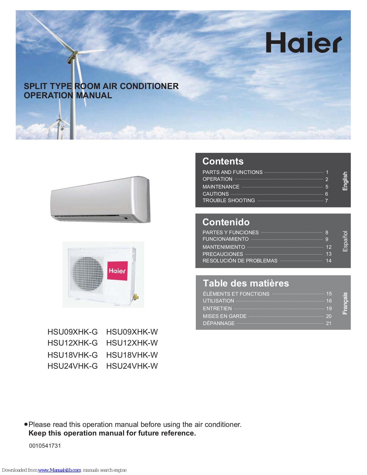 Haier HSU09XHK-G, HSU12XHK-W, HSU12XHK-G, HSU09XHK-W, HSU18VHK-G Operation Manual