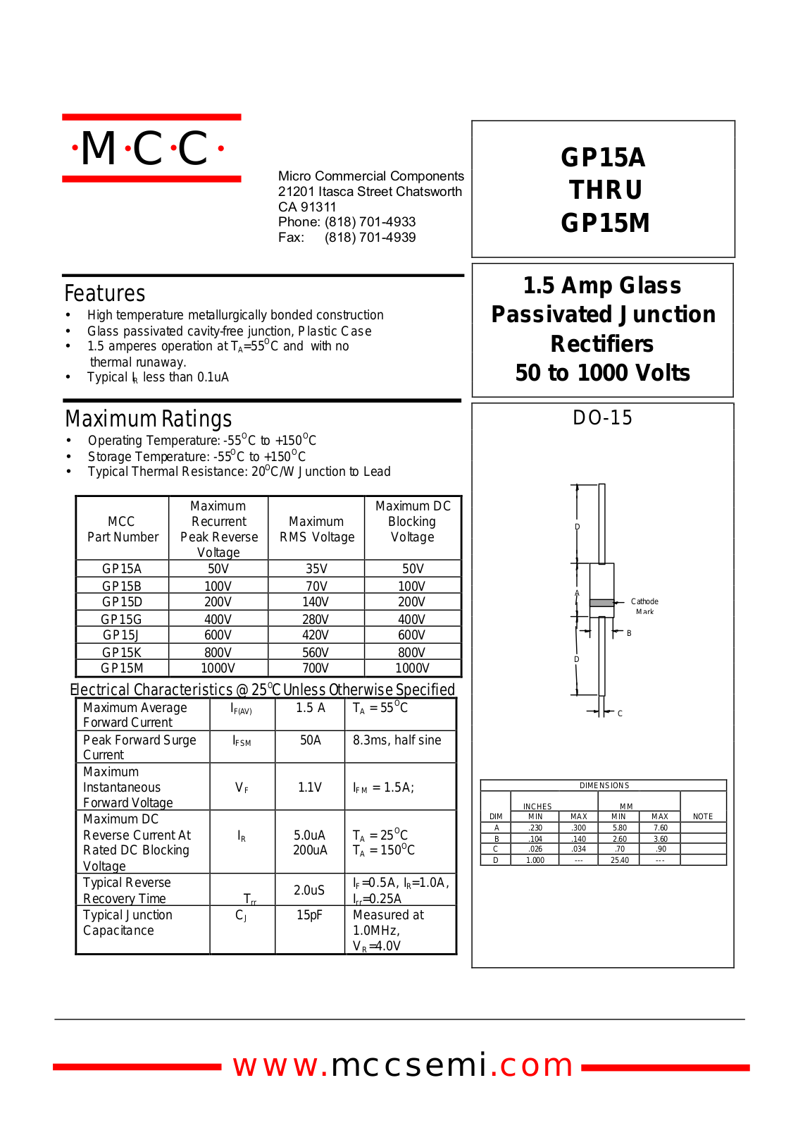 MCC GP15K, GP15J, GP15G, GP15D, GP15B Datasheet