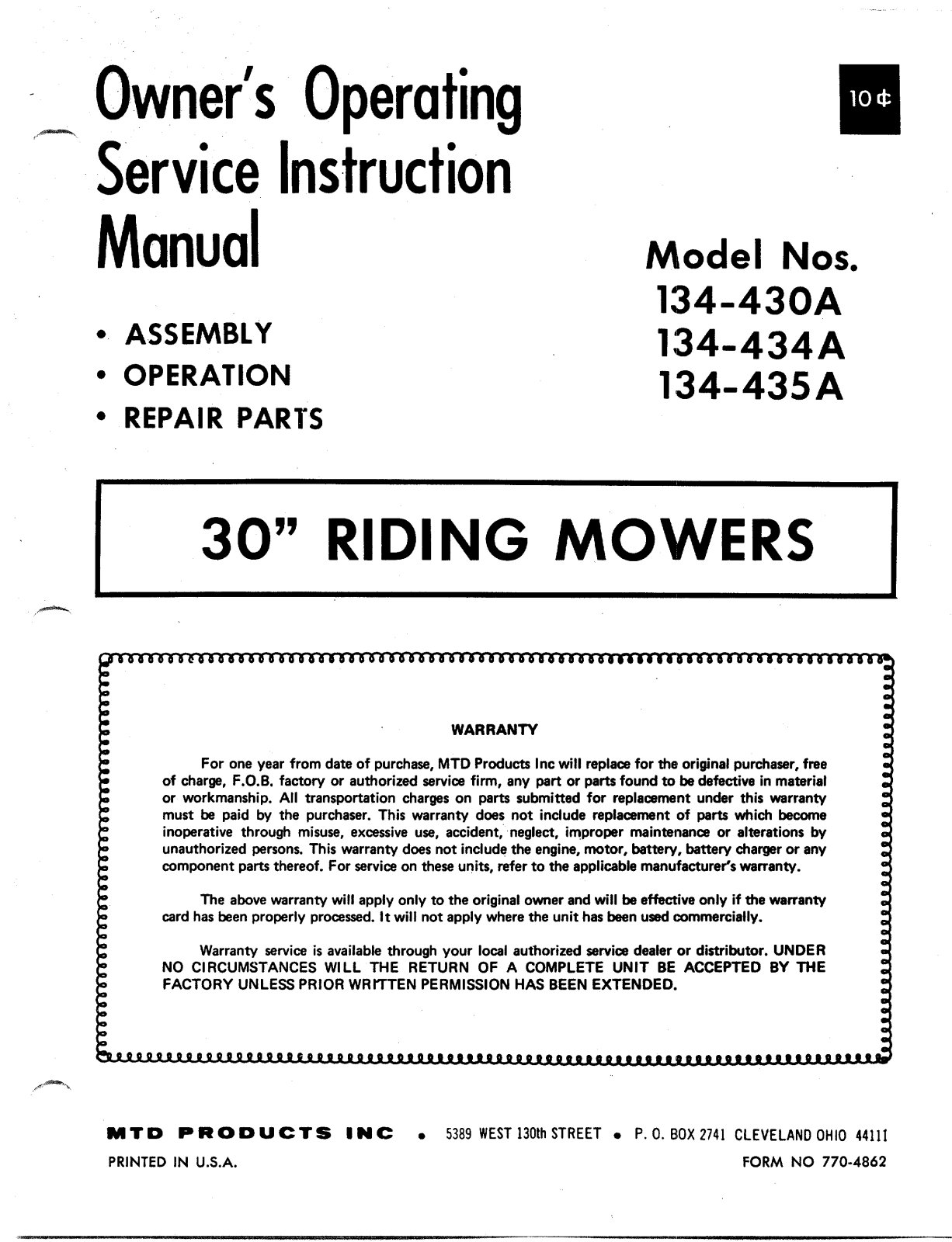 MTD 134-435A, 134-434A, 134-430A User Manual