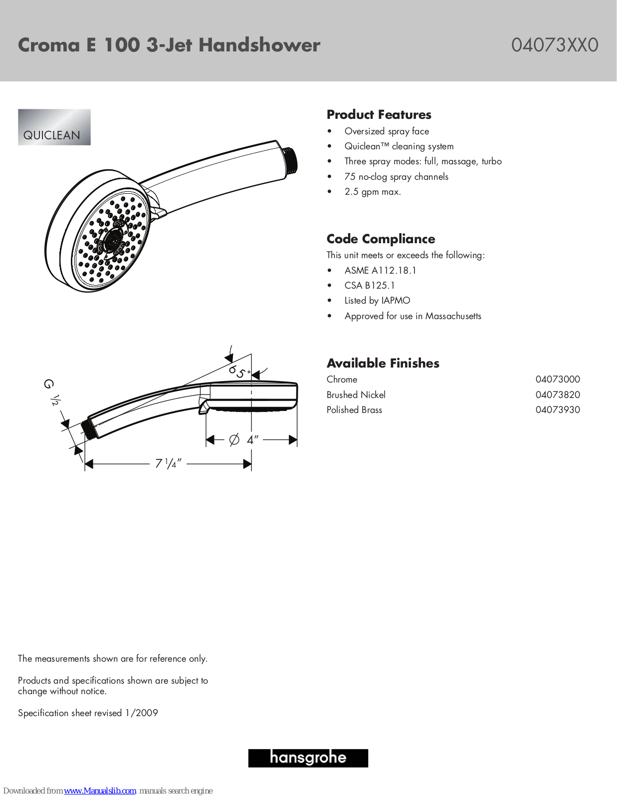 Hansgrohe 04073000, 04073820, 04073930 Specification Sheet