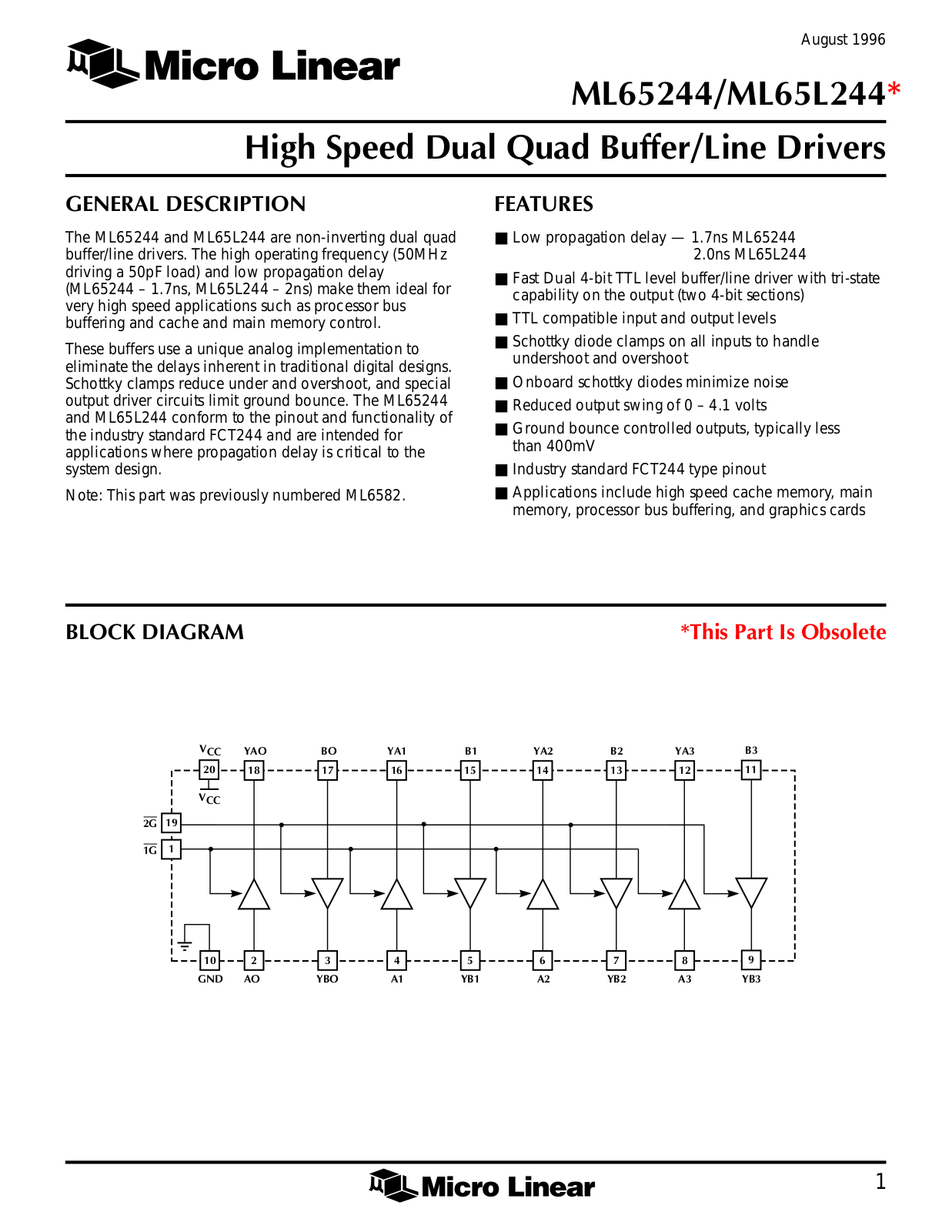 Micro Linear Corporation ML65L244CK, ML65L244CS, ML65244CK, ML65244CS Datasheet