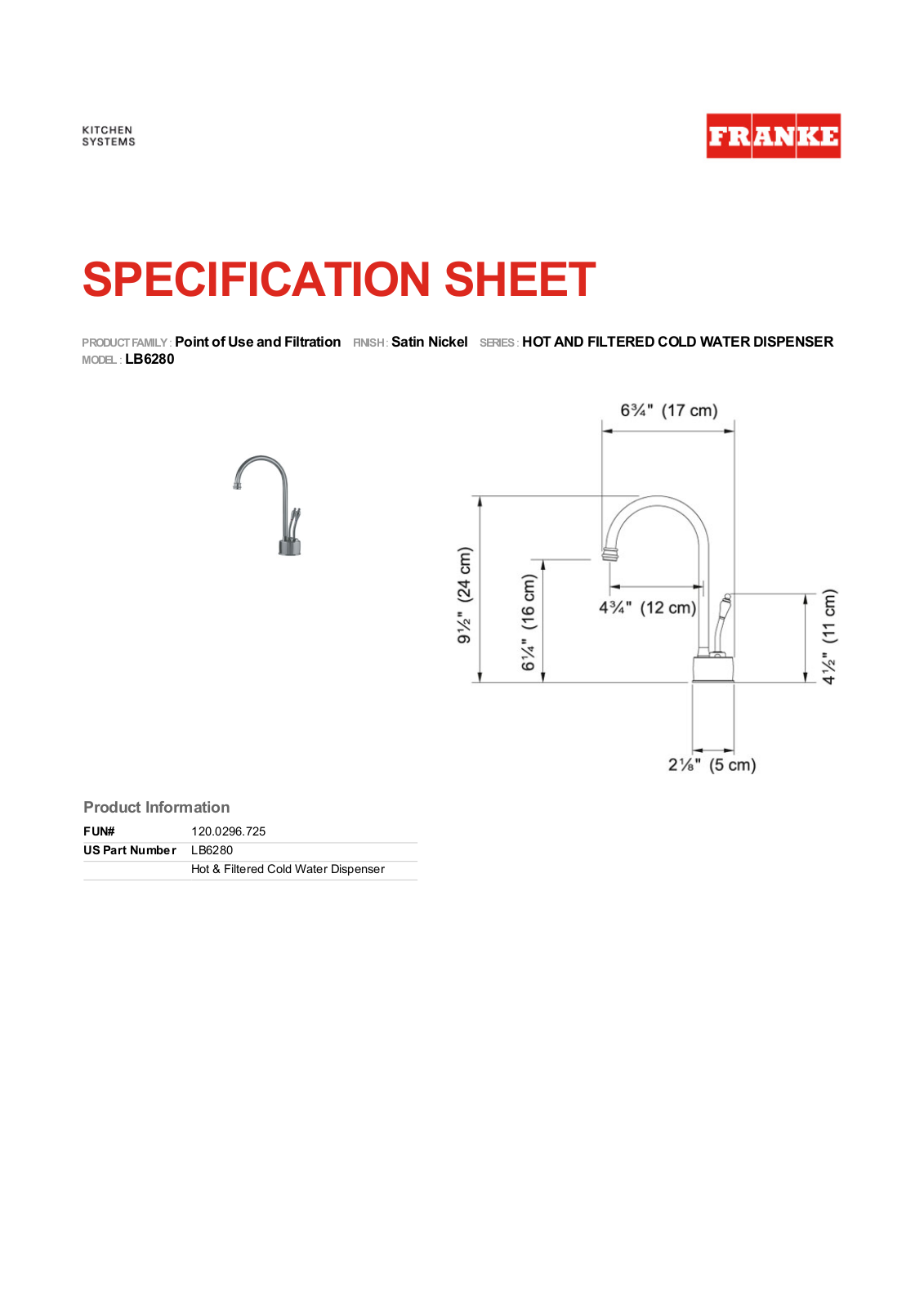 Franke LB6280100HT Specs