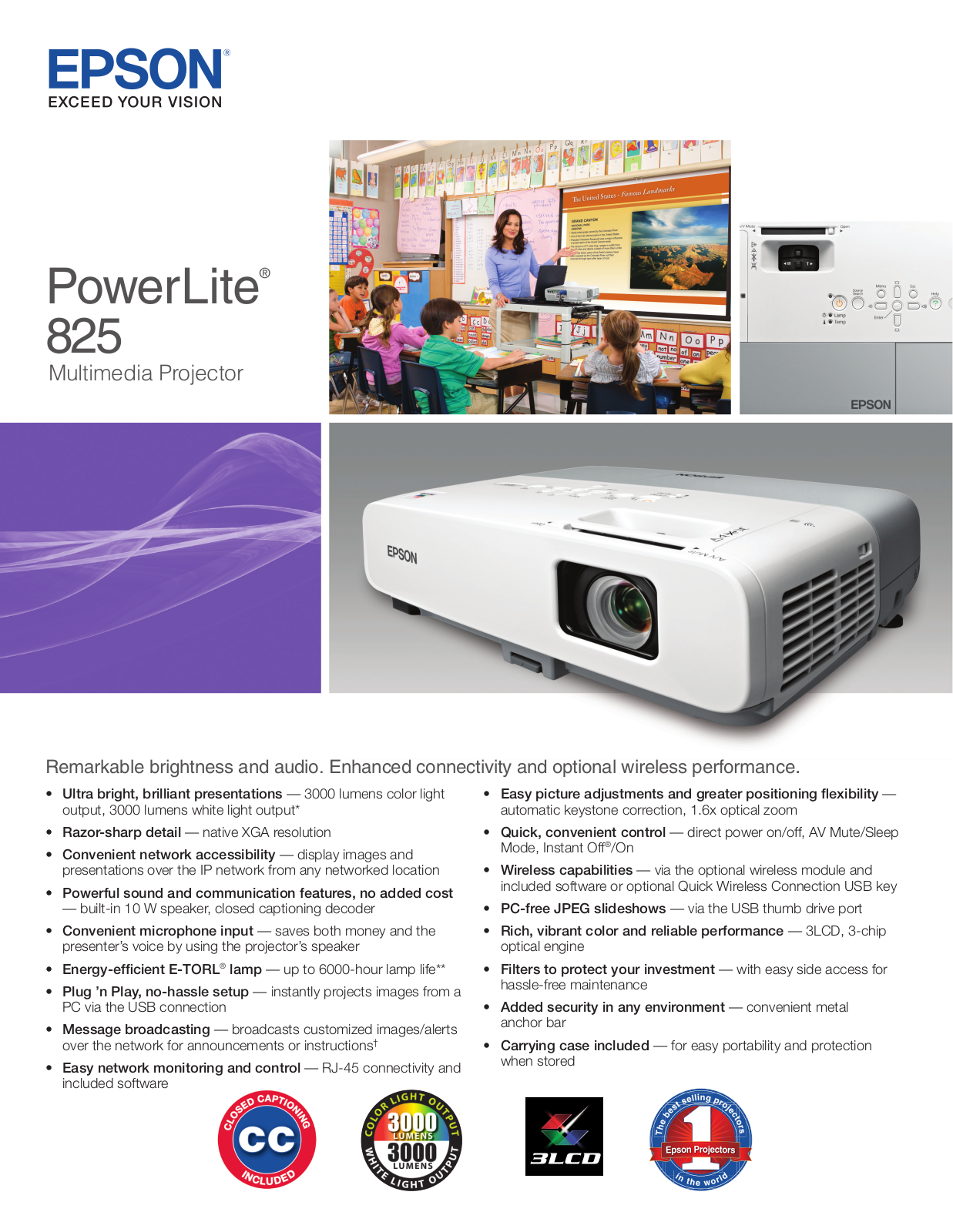 Epson V11H297020 - PowerLite 825 XGA LCD Projector Specifications