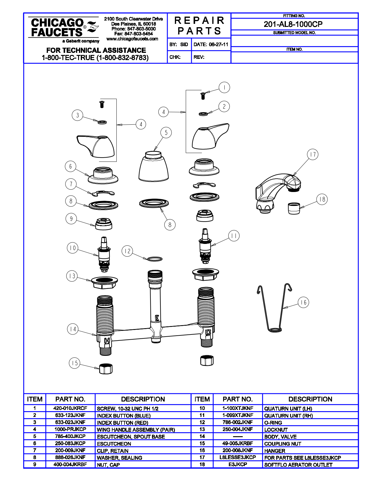 Chicago Faucet 201-AL8-1000CP Parts List