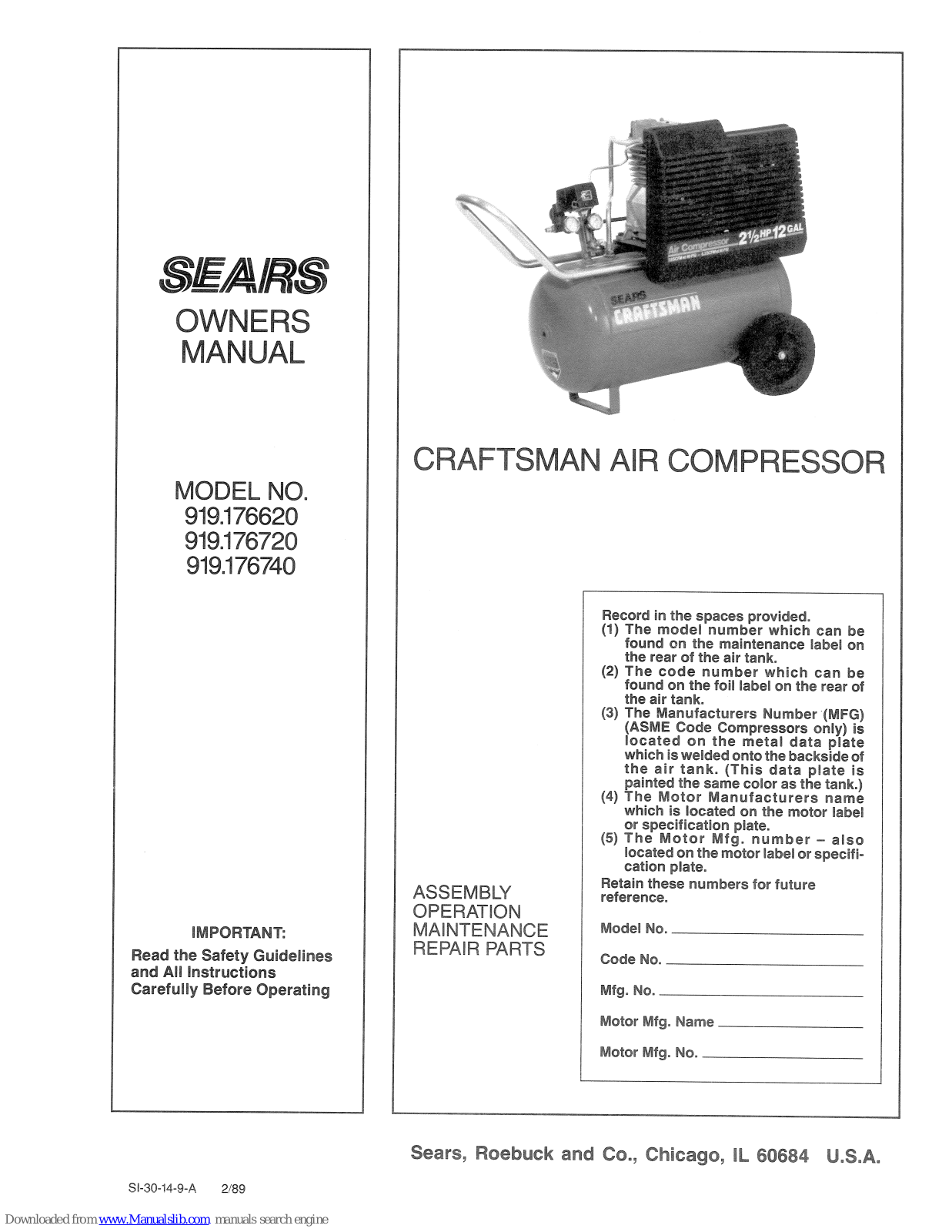 Sears Craftsman 919.176620,Craftsman 919.176740,Craftsman 919.176720 Owner's Manual