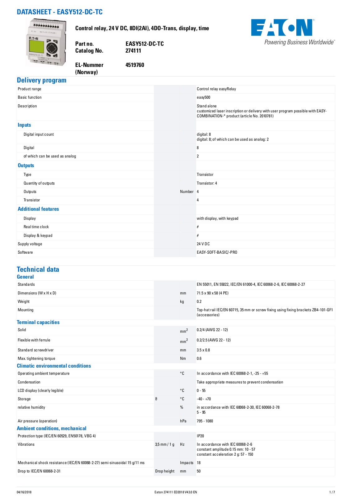 Klockner-Moeller, Div of Eaton Corp. EASY512-DC-TC Data Sheet