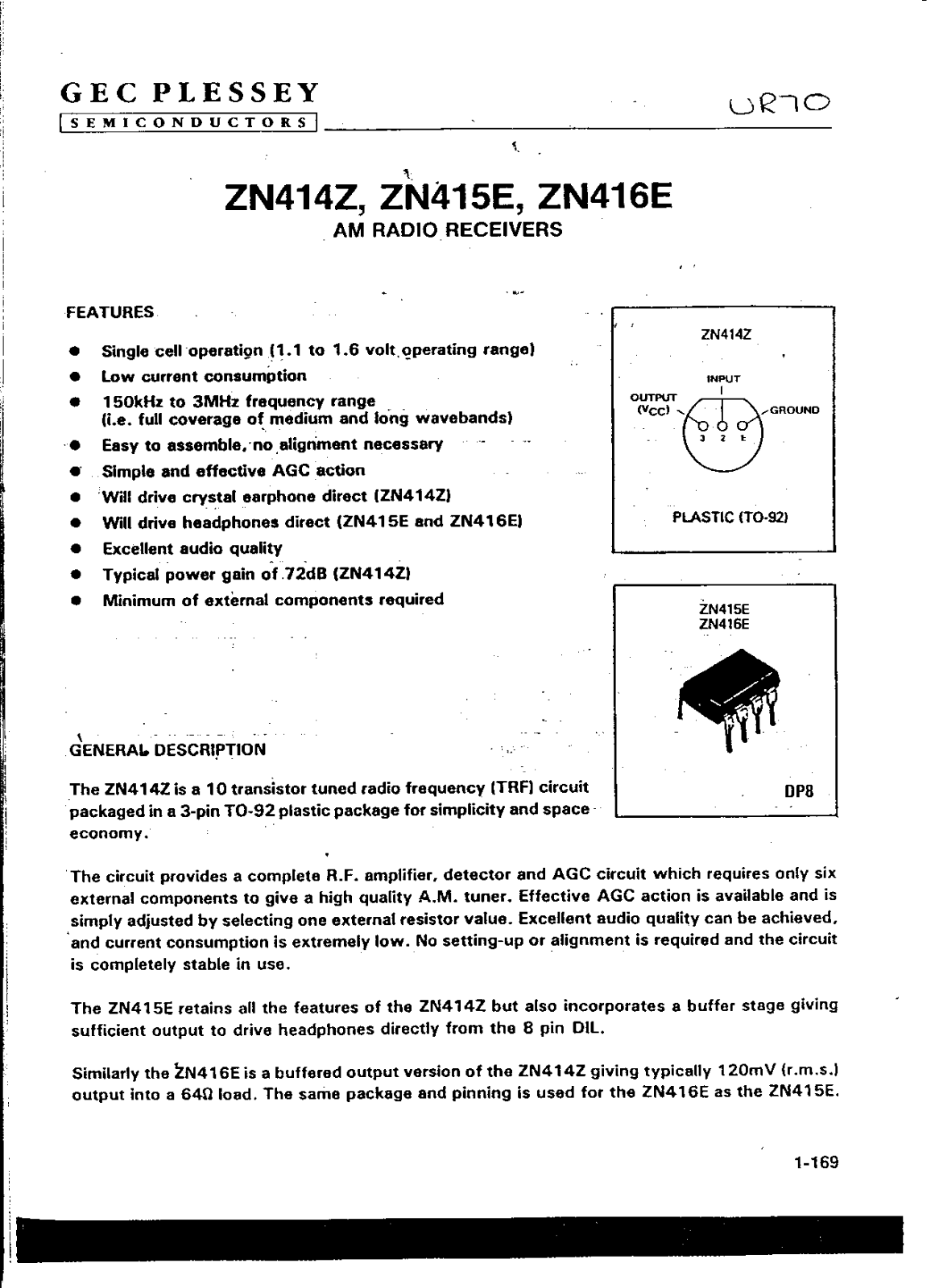 GEC Plessey Semiconductors ZN414Z, ZN415E, ZN416E Datasheet