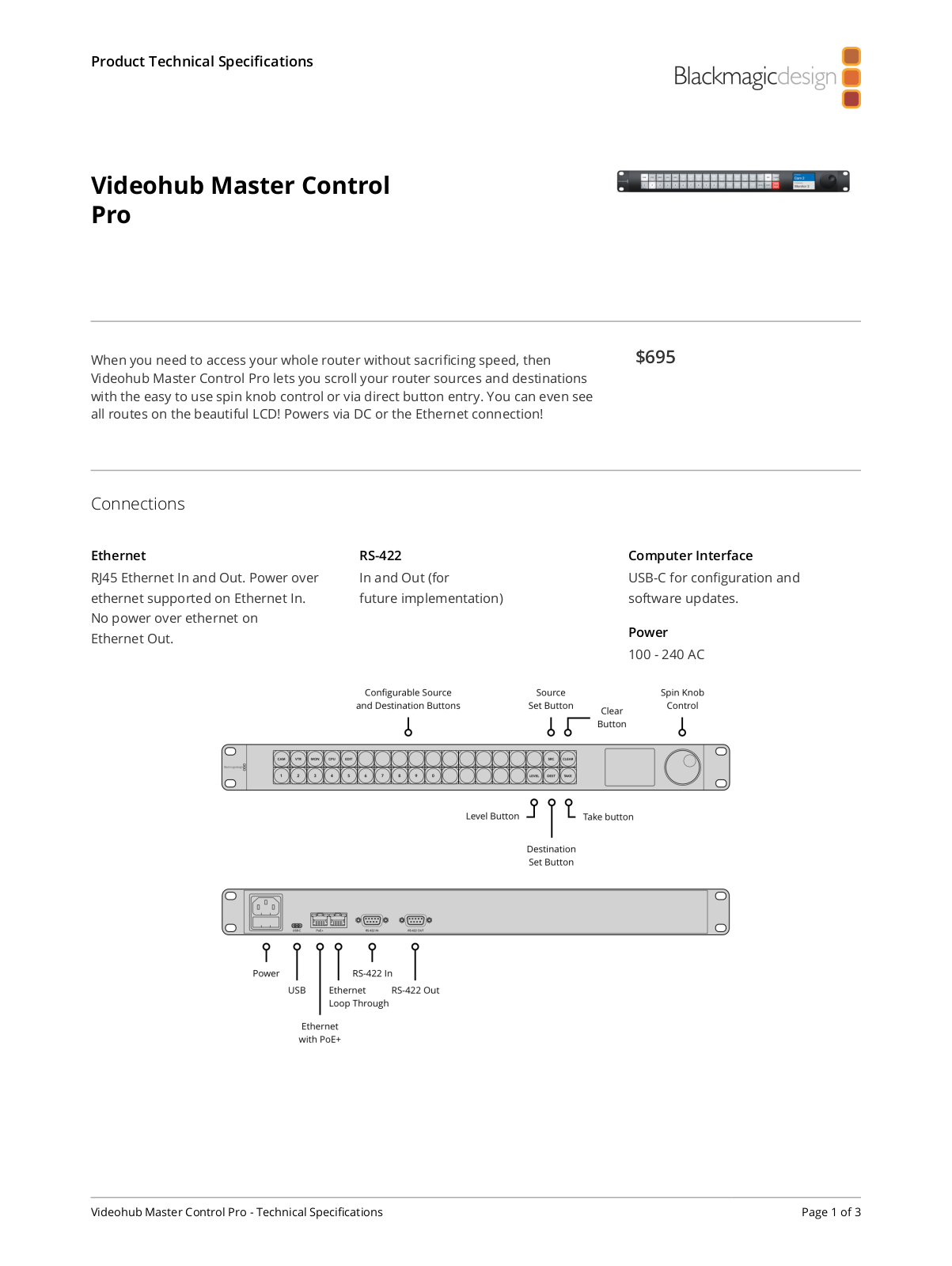 Blackmagic Design Videohub Master Control Pro Specifications