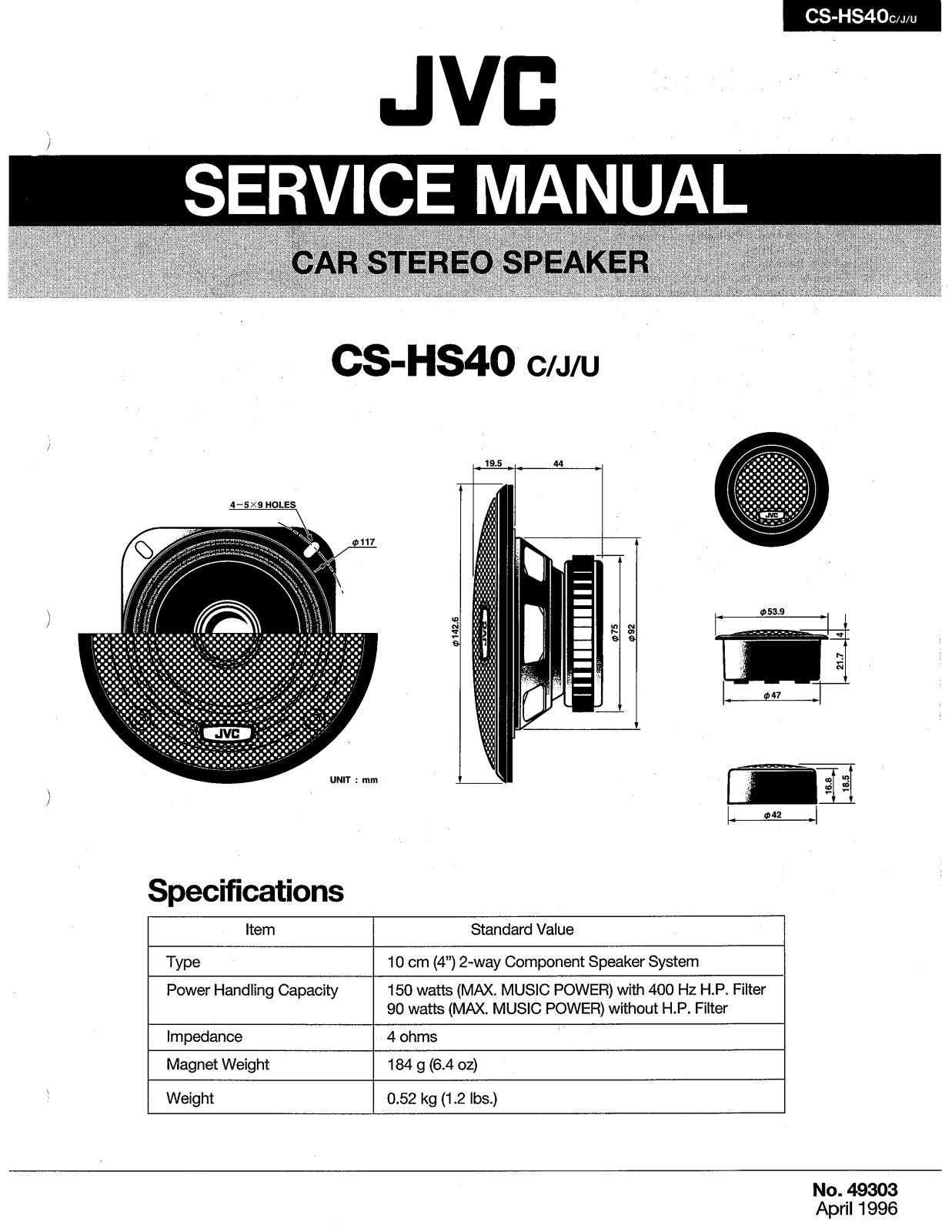 JVC CS-HS40J, CS-HS40JL, CS-HS40U, CS-HS40UL, CS-HS40ULA Service Manual