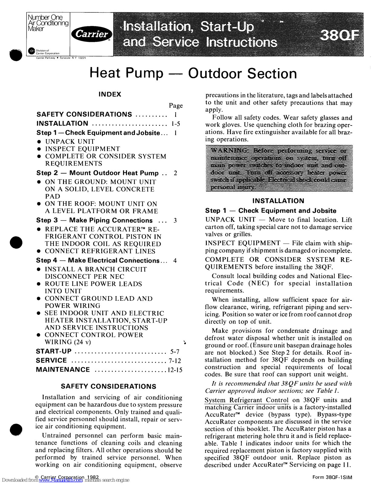 Carrier 38QF, 38QF030, 38QF036, 38QF042 Installation, Start-up And Service Instructions Manual