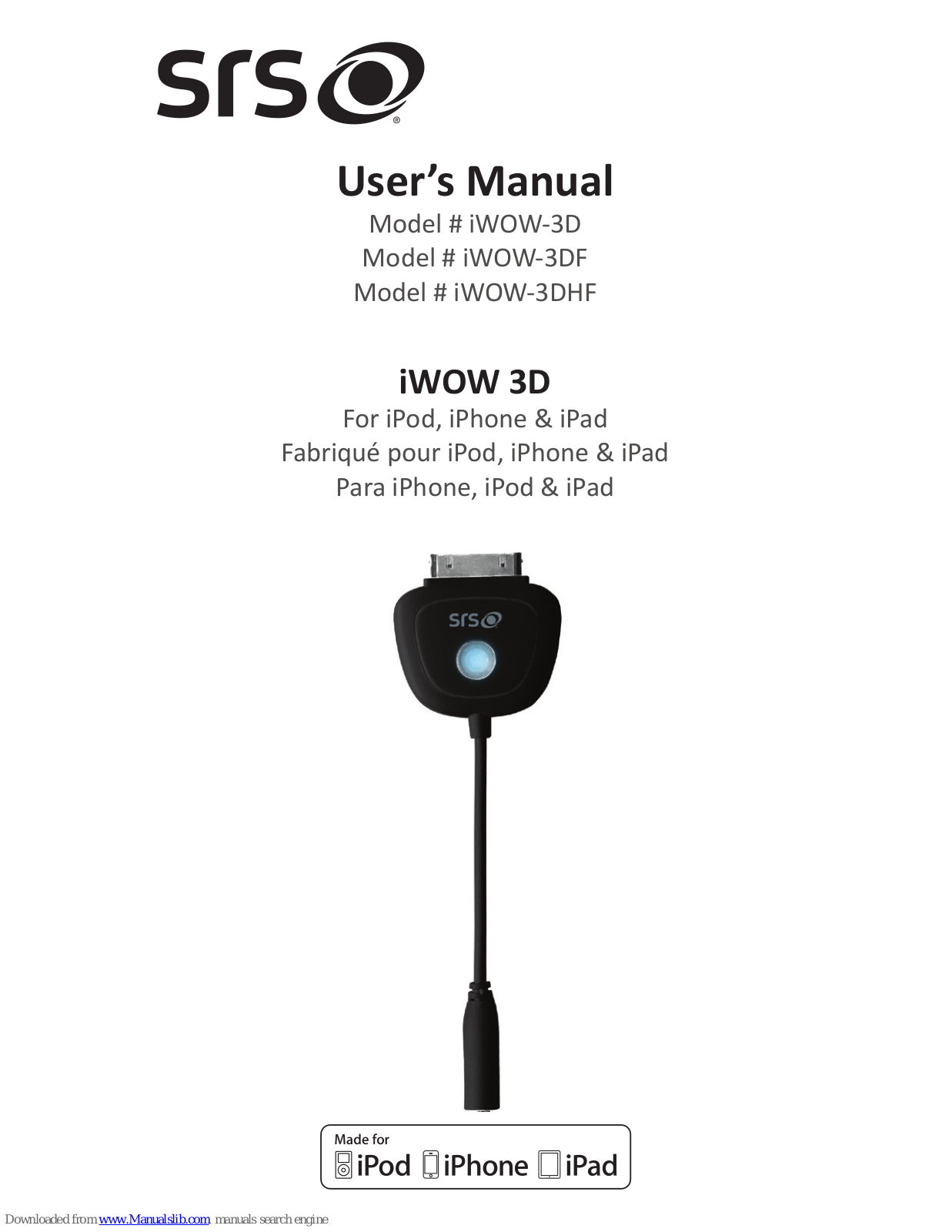 SRS Labs iWOW-3D, iWOW-3DF, iWOW-3DHF User Manual