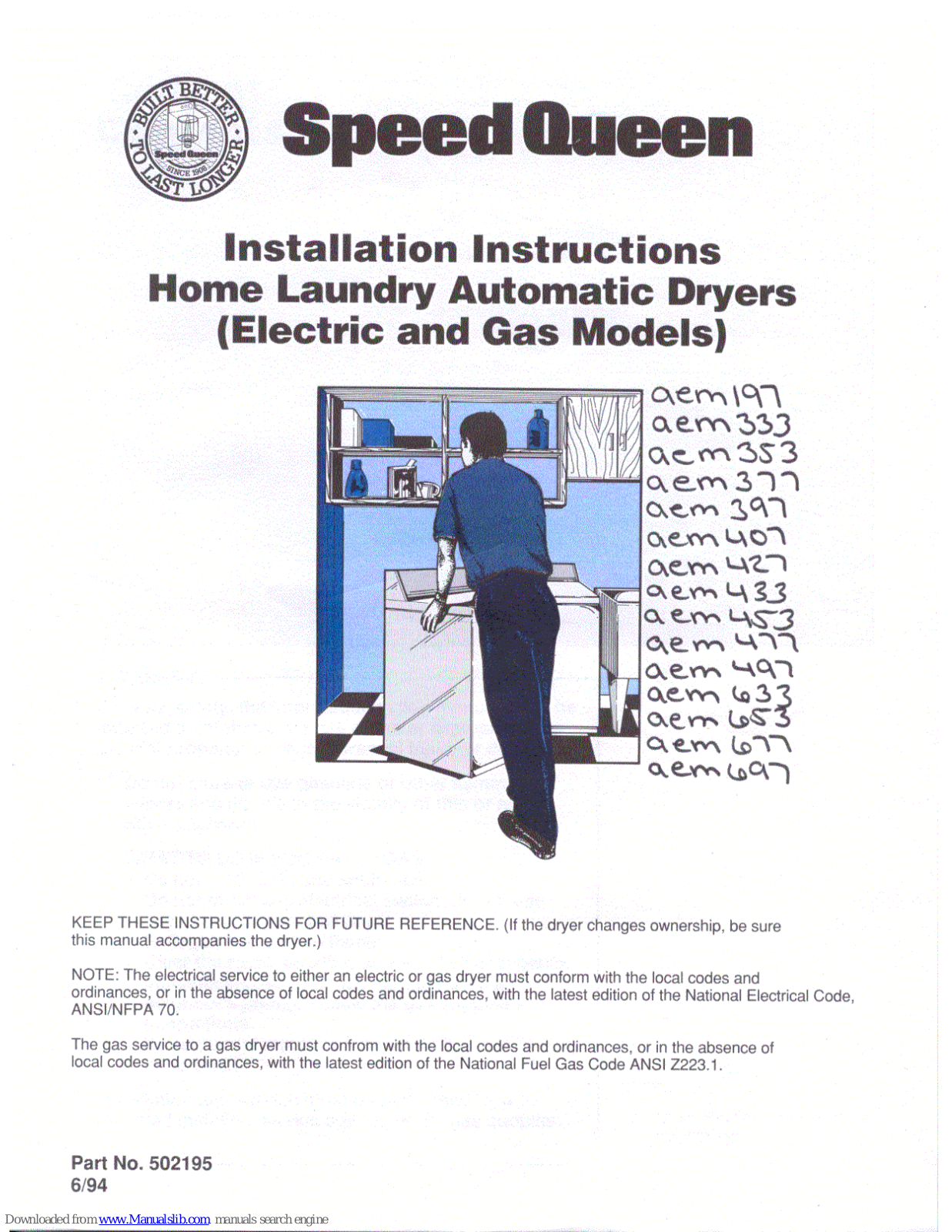 Speed Queen AEM 333, AEM 197, AEM 353, AEM 397, AEM 427 Installation Instructions Manual