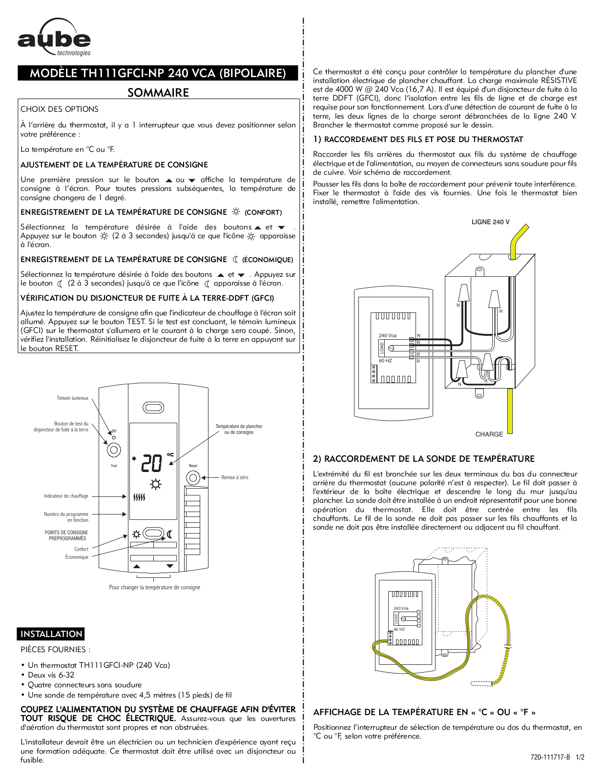 Aube Technologies TH111GFCI-NP 240 VCA User Manual