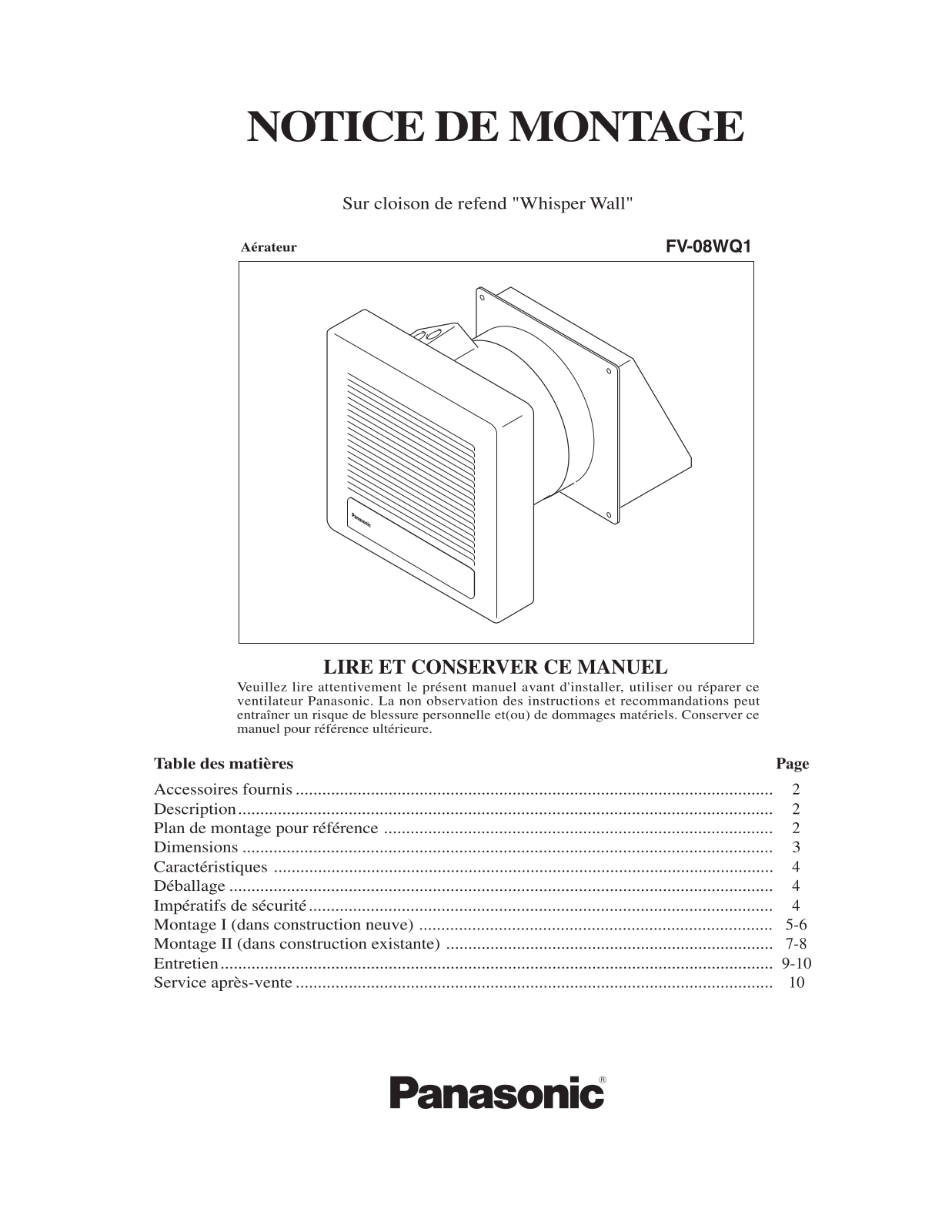 Panasonic fv-08wq1 operating instructions