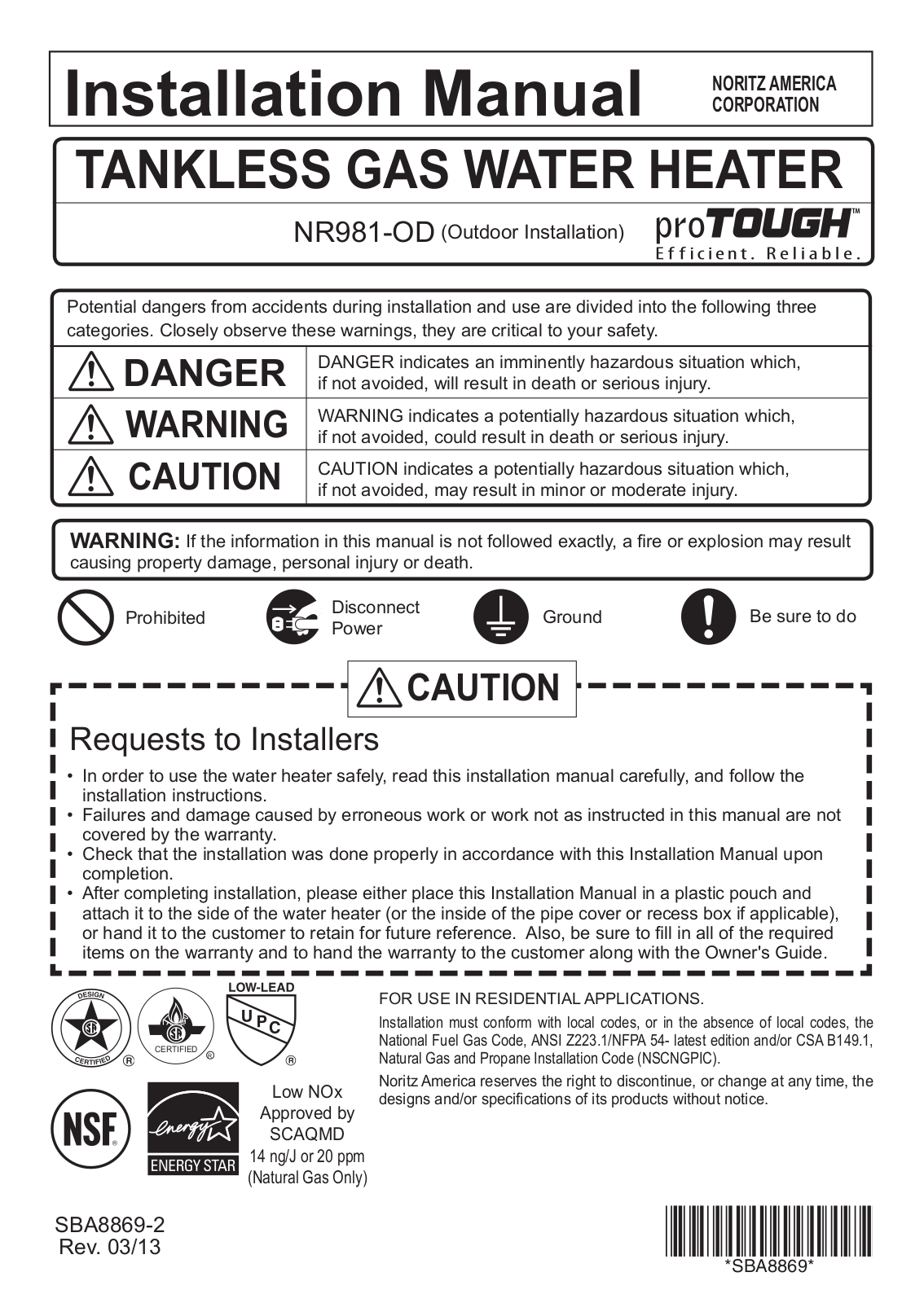 Noritz NR981-OD Installation  Manual