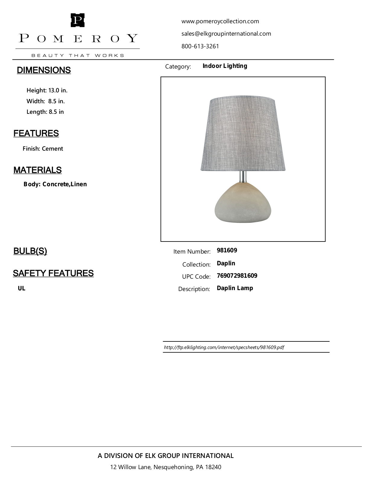 Pomeroy 981609 Product Sheet