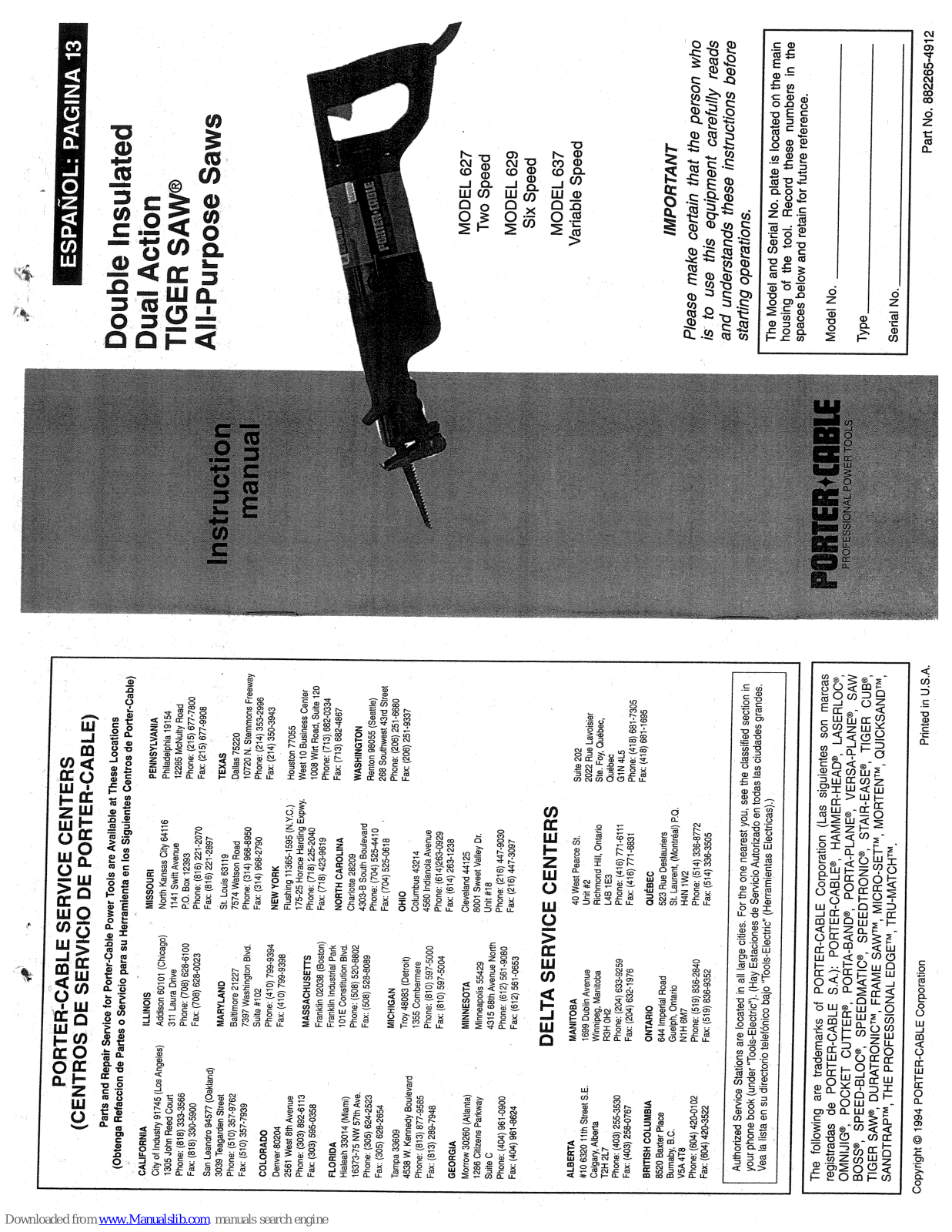 Porter-Cable Tiger Saw 627, Tiger Saw 629, Tiger Saw 637 Instruction Manual