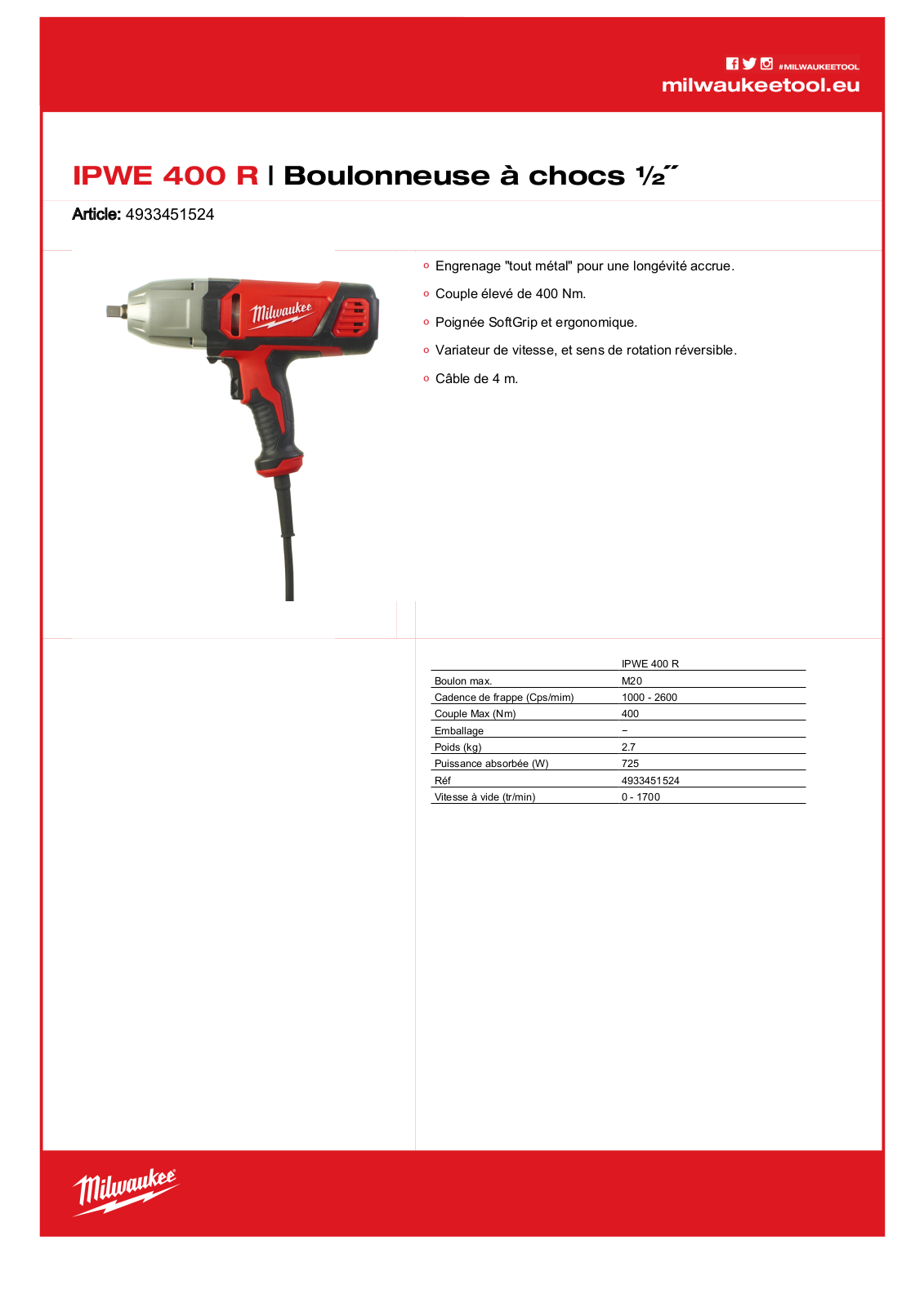 Milwaukee 4933451524, IPWE 400 R Specification - ManualMachine.com