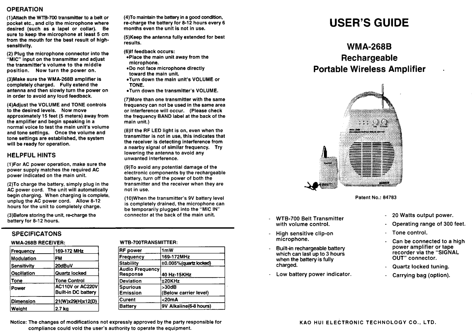 Kao Hui Electronic Technology Co WMA268B WTB700 User Manual