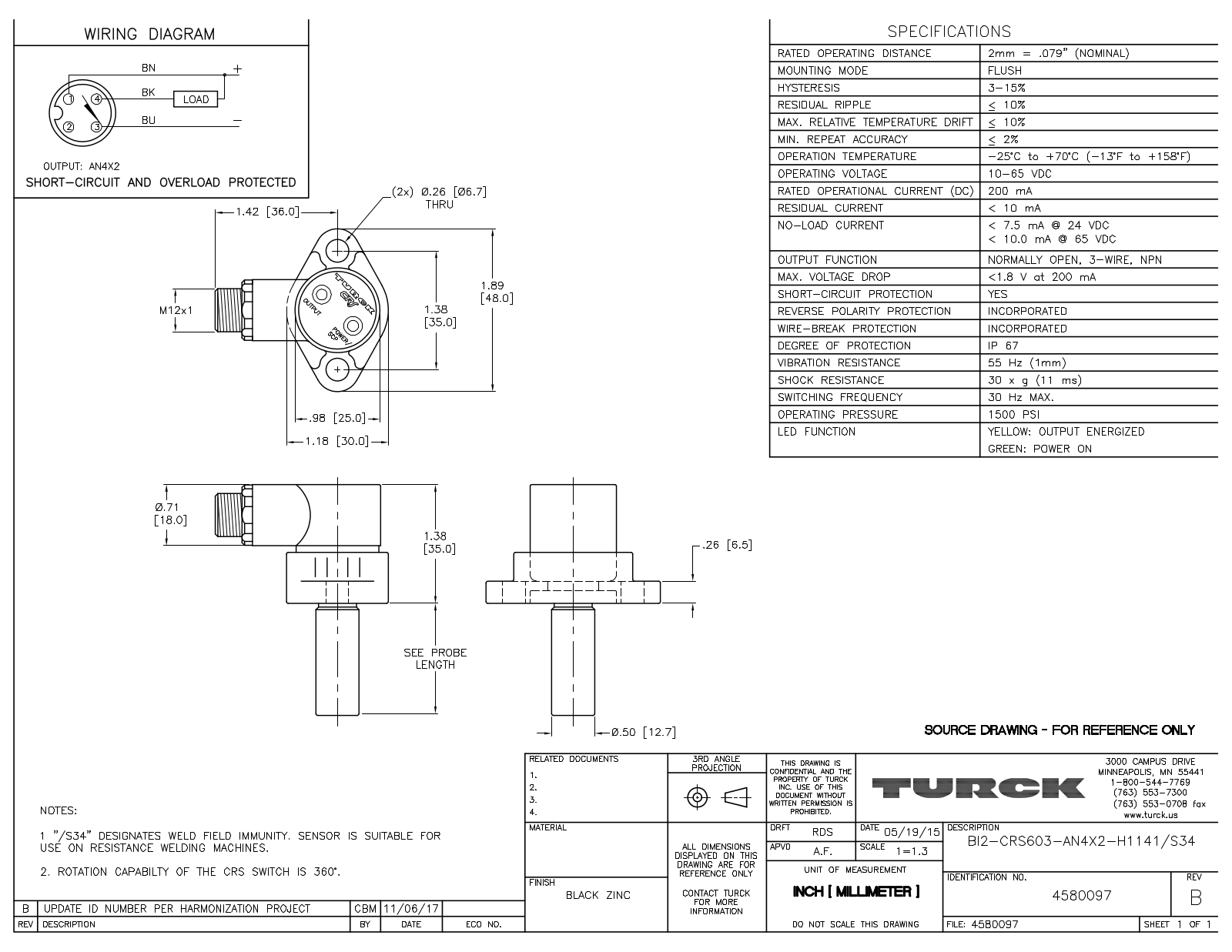 Turck BI2-CRS603-AN4X2-H1141S34 Data Sheet