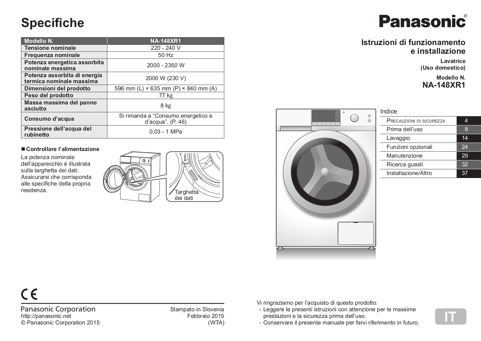 Panasonic NA-148XR1 User and installation Manual