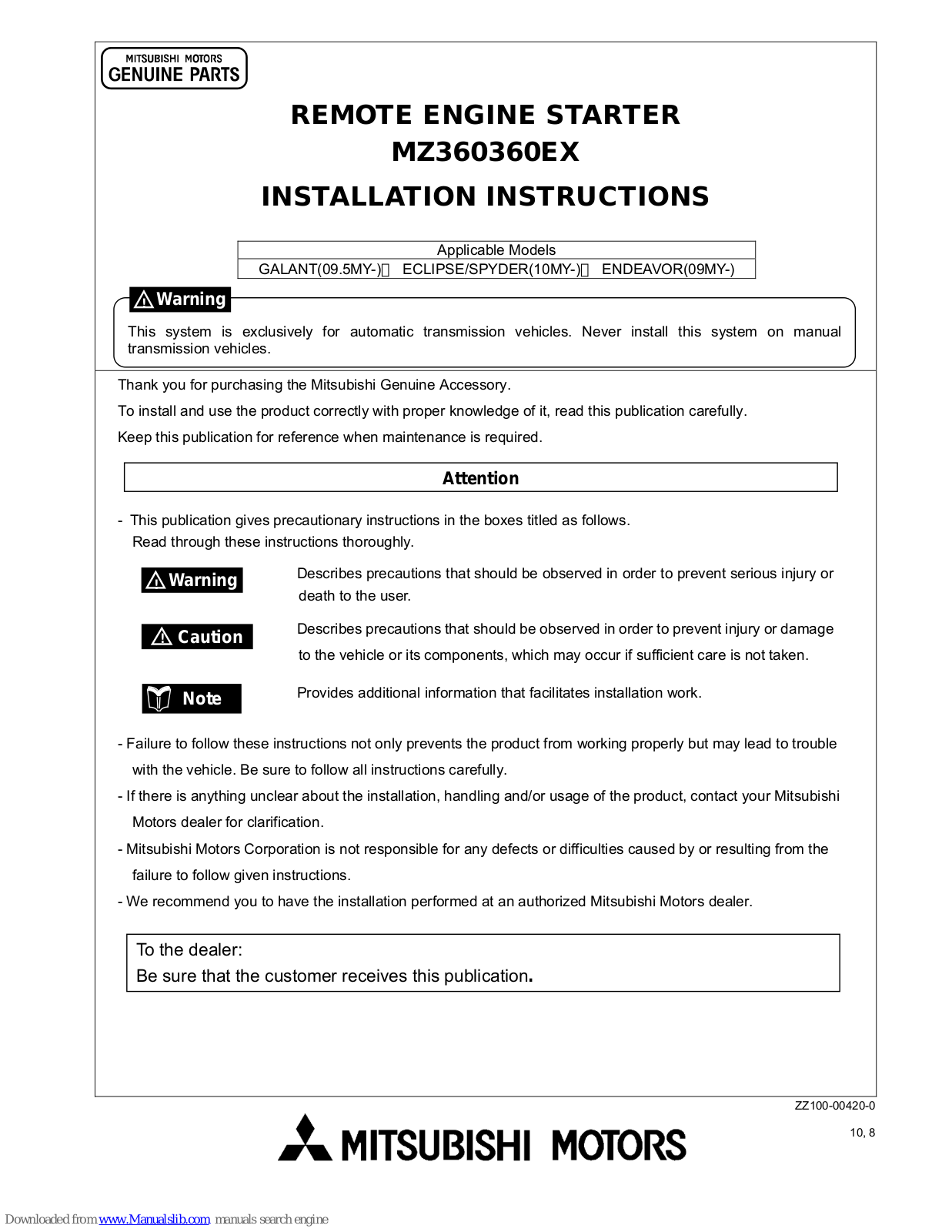 Mitsubishi MZ360360EX Installation Manual