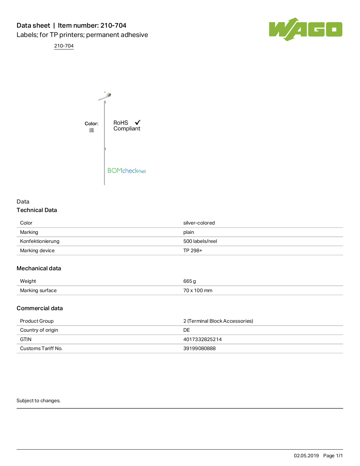 Wago 210-704 Data Sheet