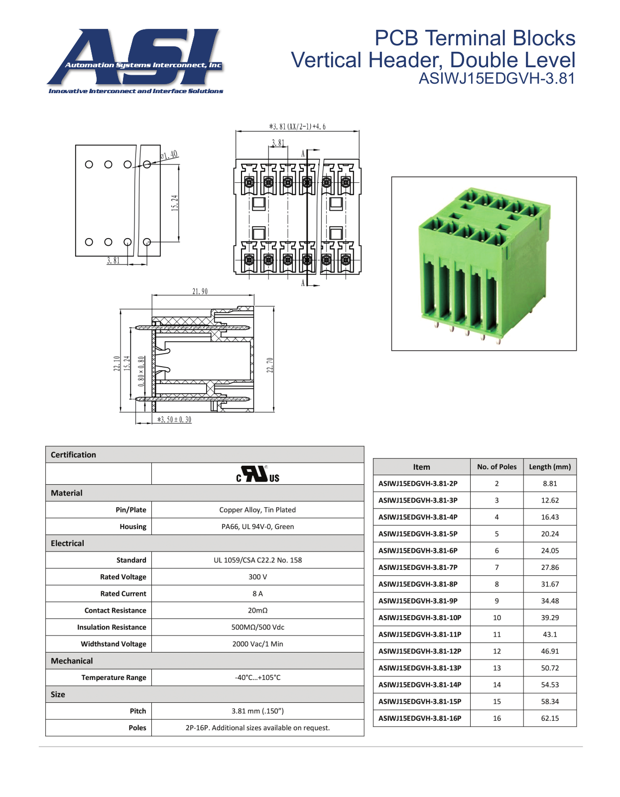 ASI-Automation Systems Interconnect ASIWJ15EDGVH-3.81 Data Sheet