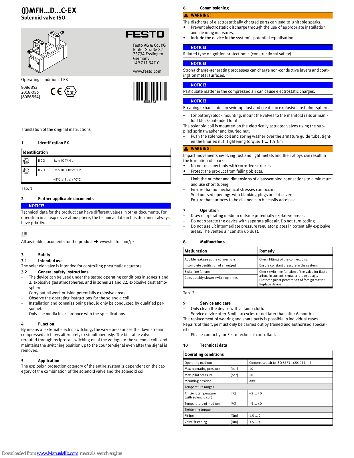 Festo JMFH...D...C-EX Series, MFH...D...C-EX Series, M...FH-...-EX Series, JM...FH-...-EX Series Operating Conditions