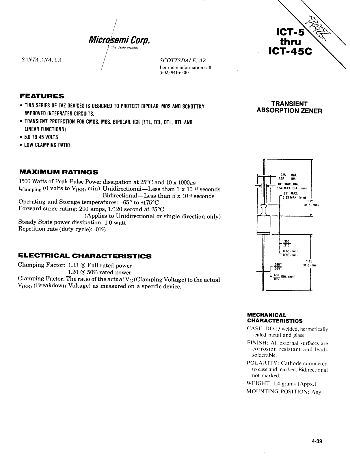 Microsemi Corporation ICT-36C, ICT-45, ICT-45C, ICT-5, ICT-5C Datasheet