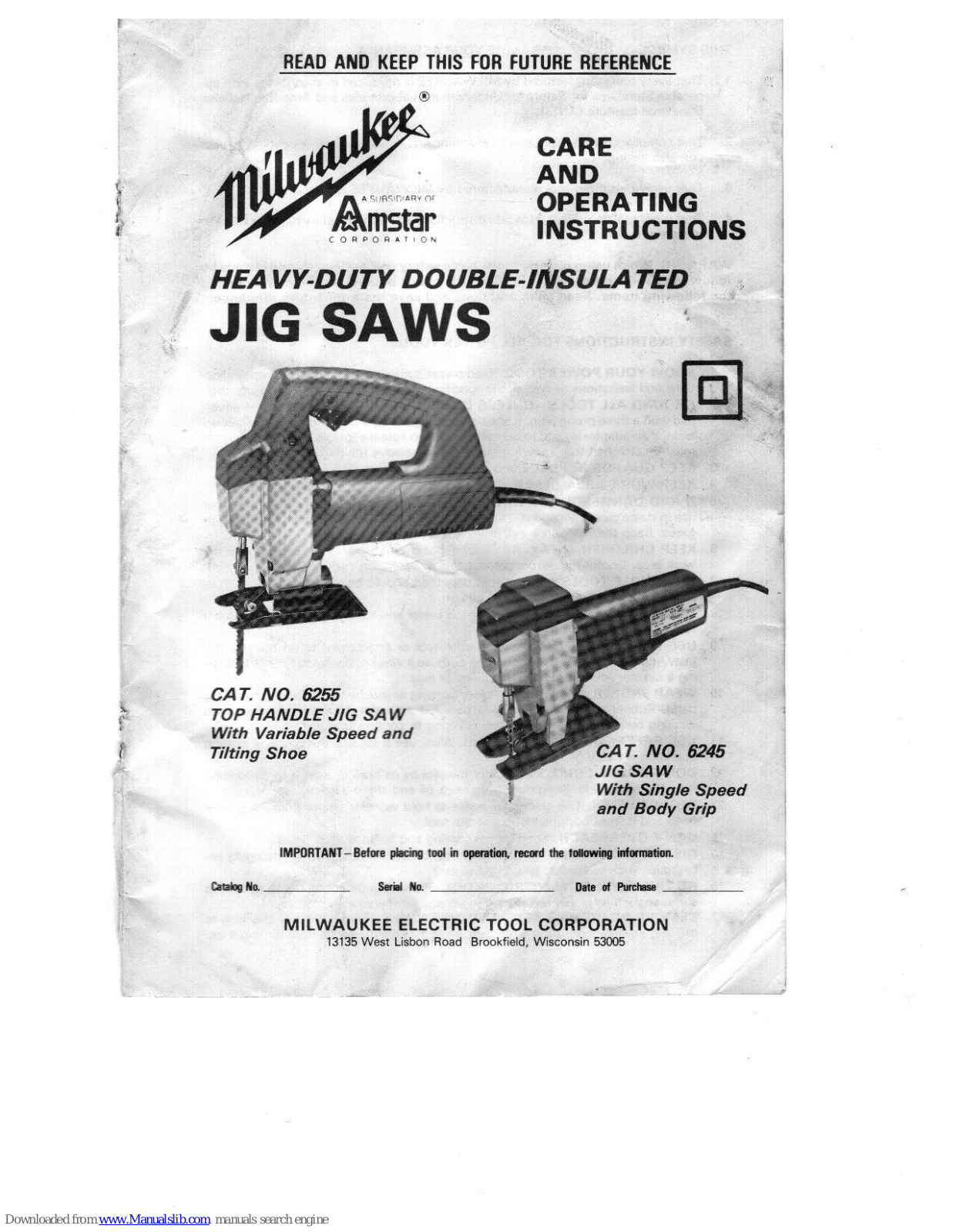 Milwaukee 6255, 6245 Operating Instructions