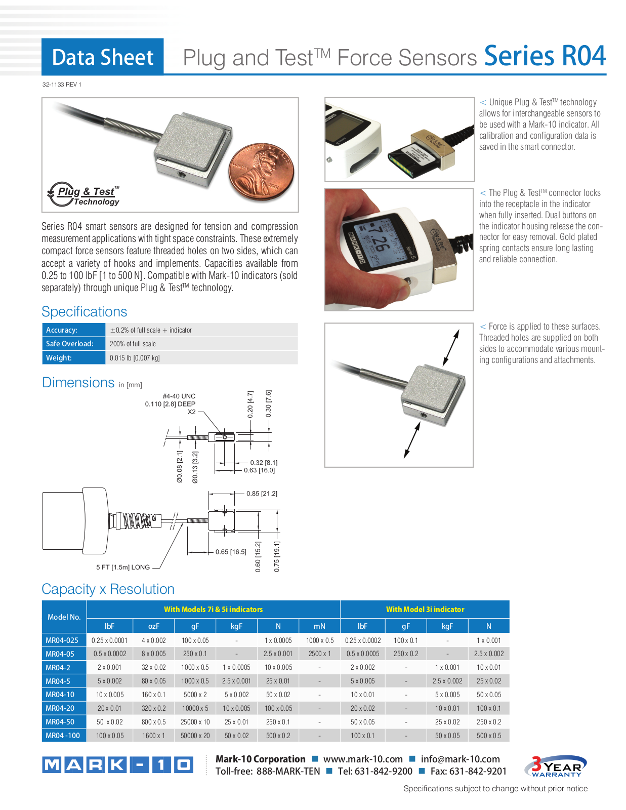 Mark-10 MR04-025, MR04-05, MR04-2, MR04-5, MR04-10 Data Sheet