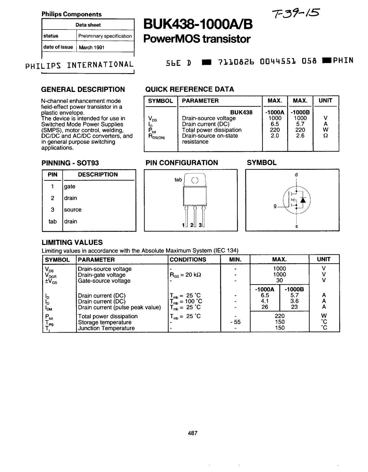 Philips BUK438-1000B, BUK438-1000A Datasheet