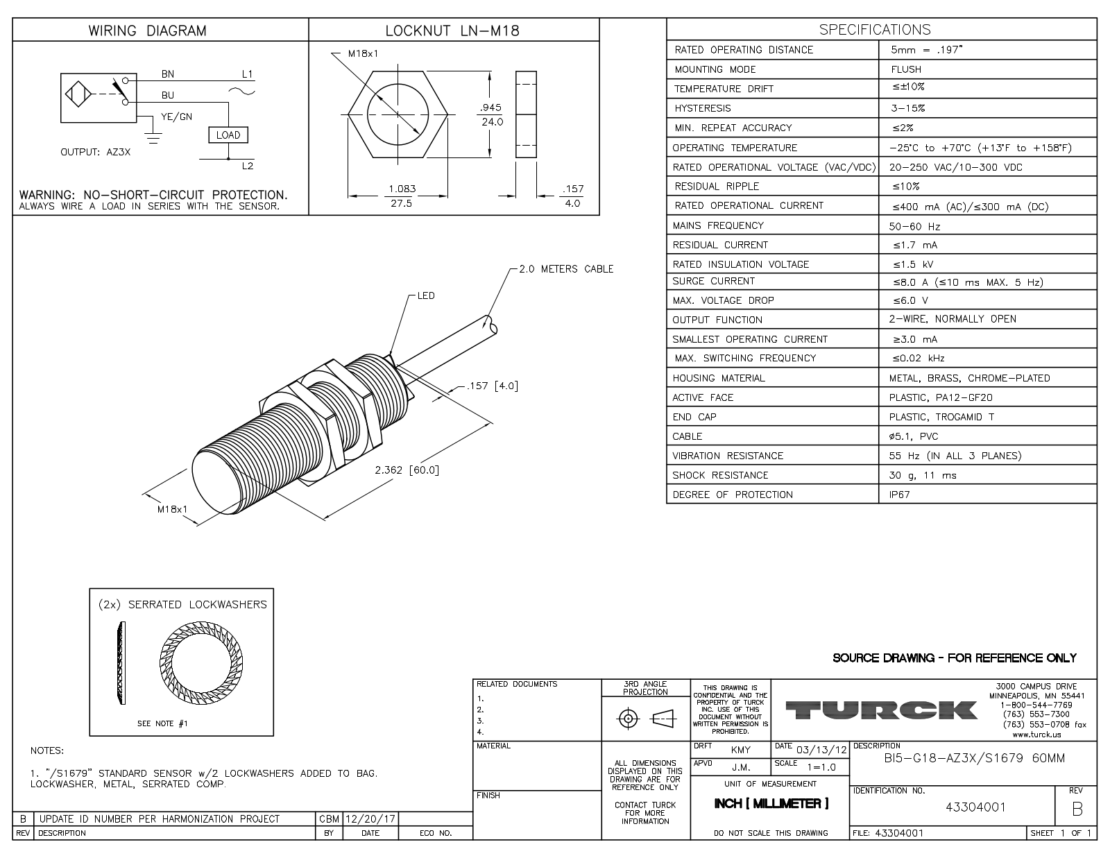 Turck BI5-G18-AZ3X/S167960MM Data Sheet