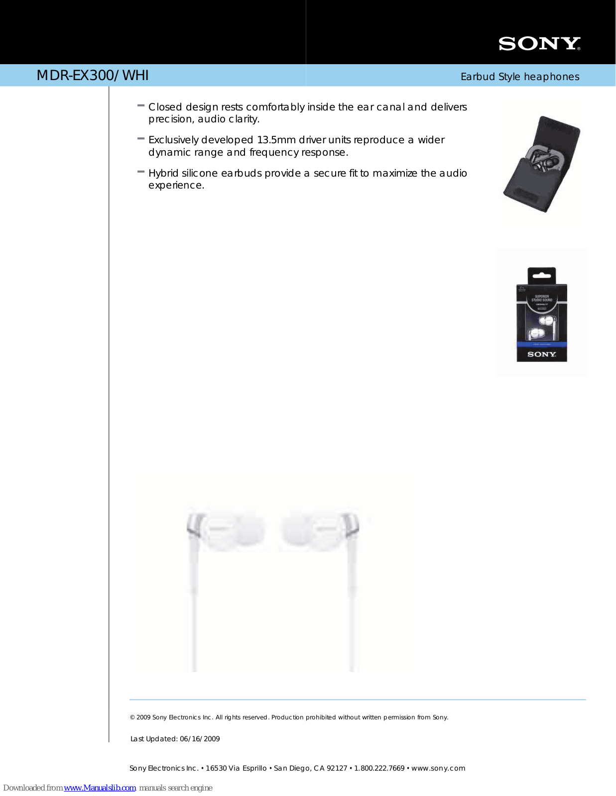 Sony MDR-EX300 - Earbud Style Heaphones, MDR-EX300/WHI Specifications