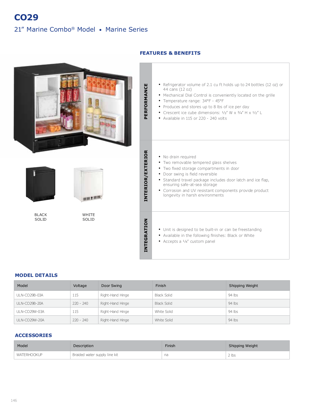 U-Line ULN-CO29B-20A, ULN-CO29W-03A Specification Sheet