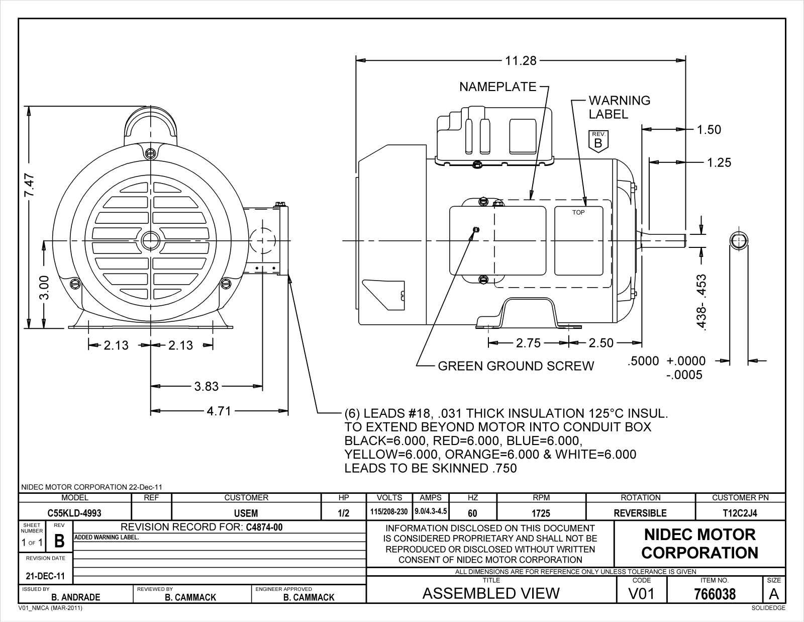 US Motors T12C2J4 Dimensional Sheet