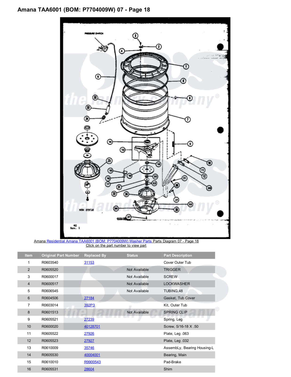 Amana TAA6001 Parts Diagram