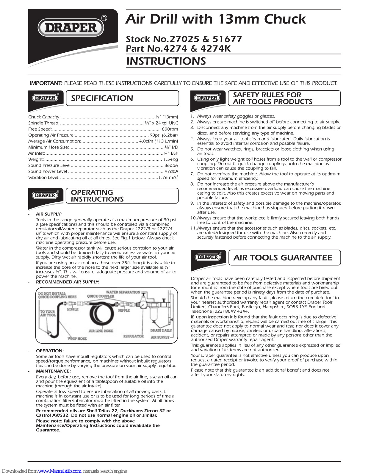 Draper 4274, 4274K, 27025, 51677 Instructions Manual - ManualMachine.com