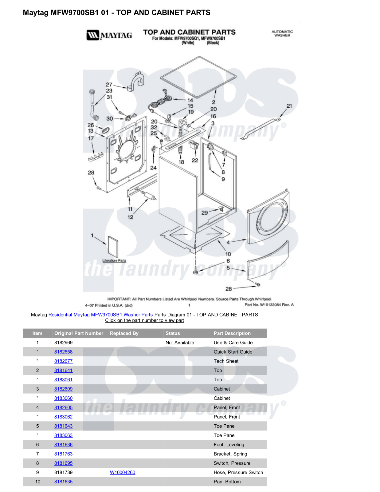 Maytag MFW9700SB1 Parts Diagram