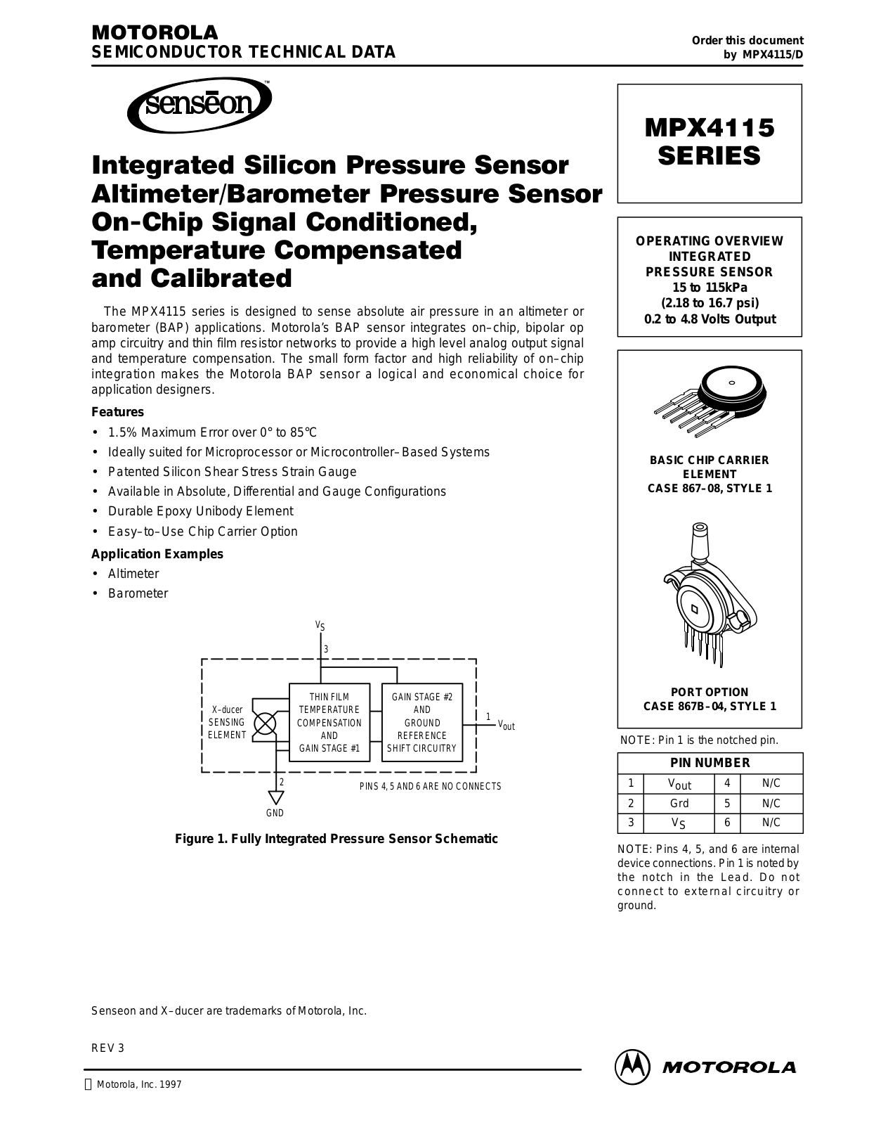 Motorola MPX4115AS, MPX4115A, MPX4115ASX, MPX4115AP Datasheet