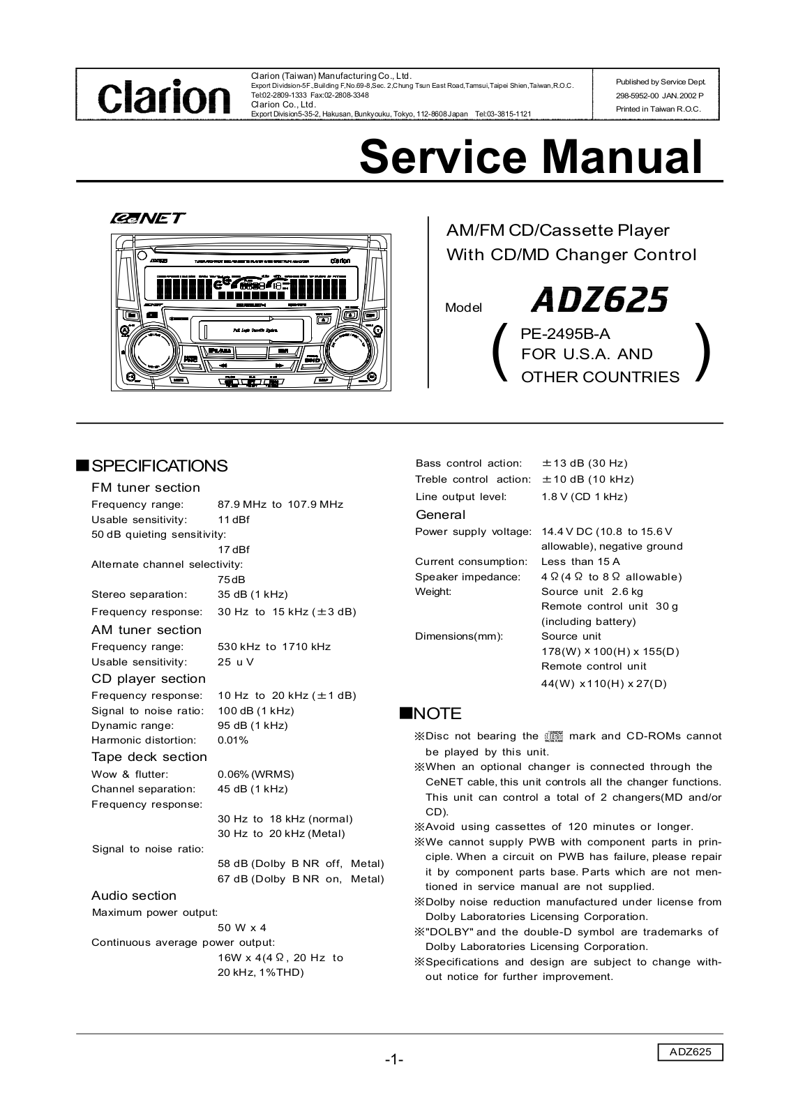 clarion adz625 Service Manual