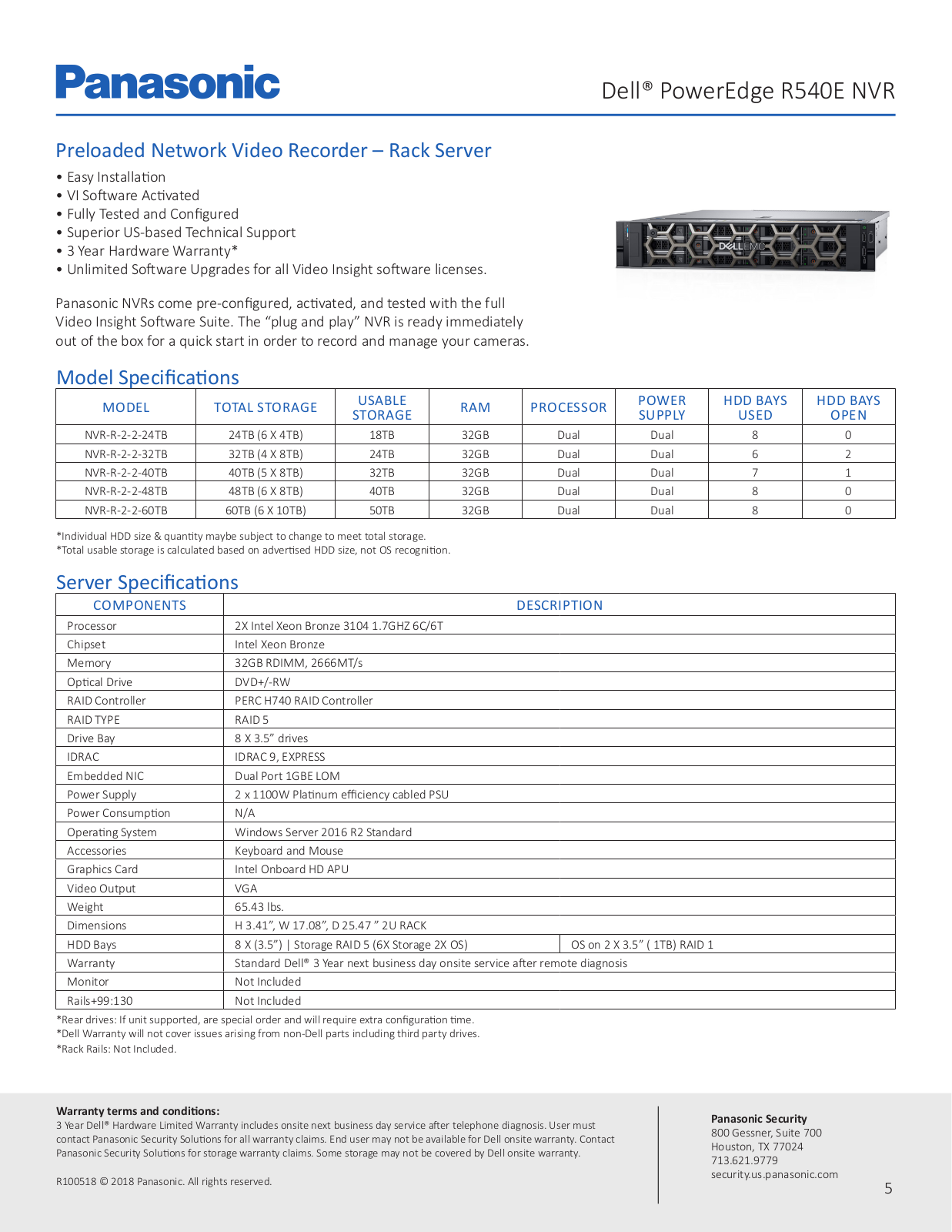 Panasonic NVR-R-2-2-32TB, NVR-R-2-2-40TB Specsheet