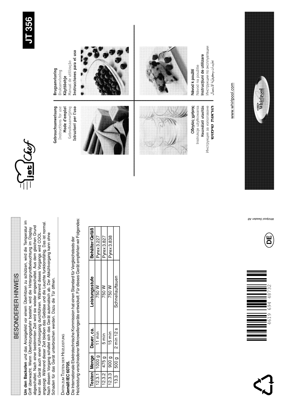 Whirlpool JT 356 black, JT 355/Alu, JT 356 alu User Manual