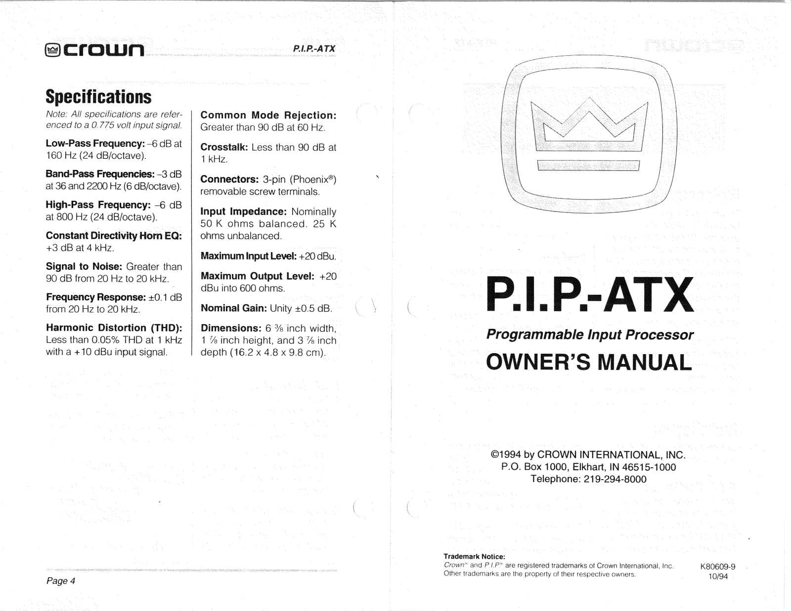 Crown Audio P.I.P.-ATX Reference Manual