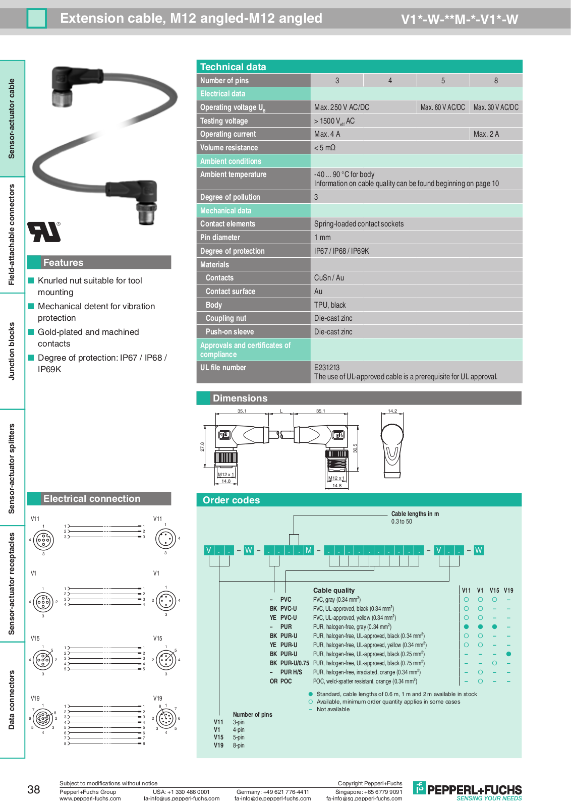 Pepperl Fuchs V1-W-BK0.6M-PUR-U-T-V1-G Data Sheet