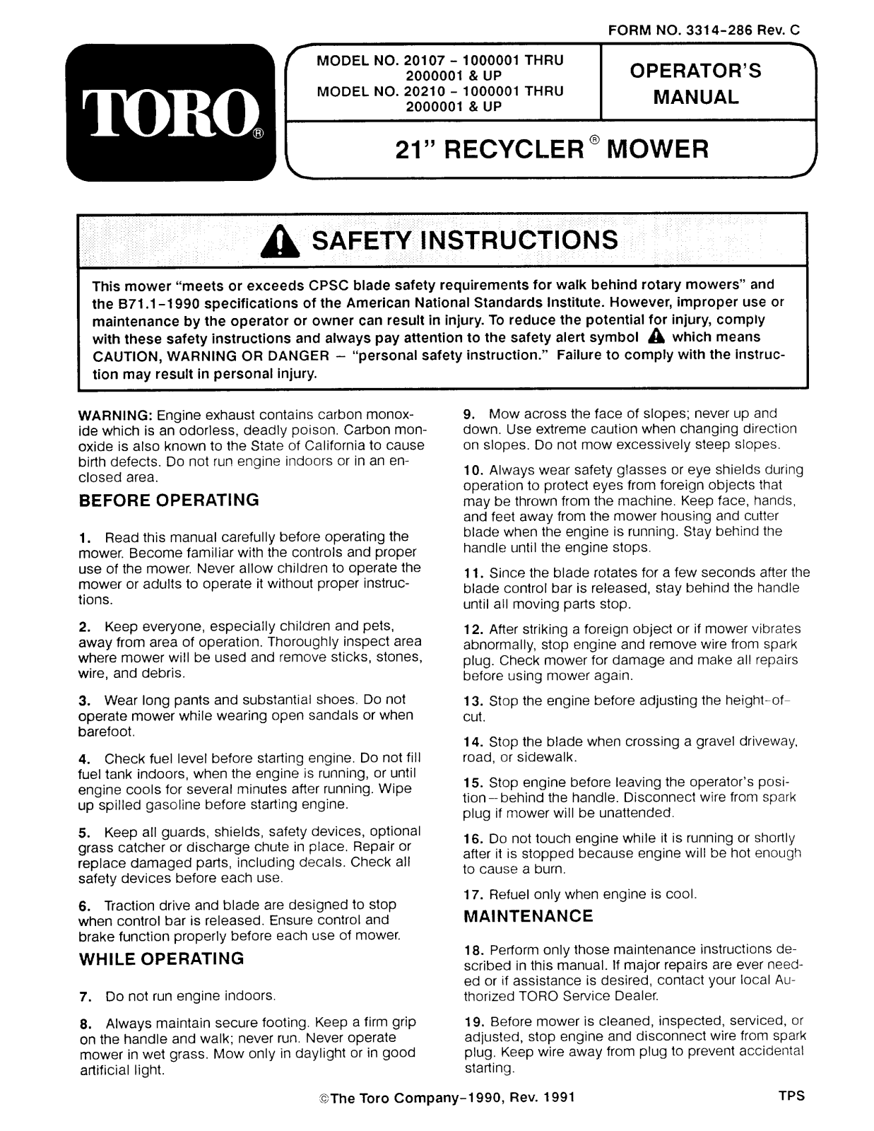 Toro 20107, 20210 Operator's Manual