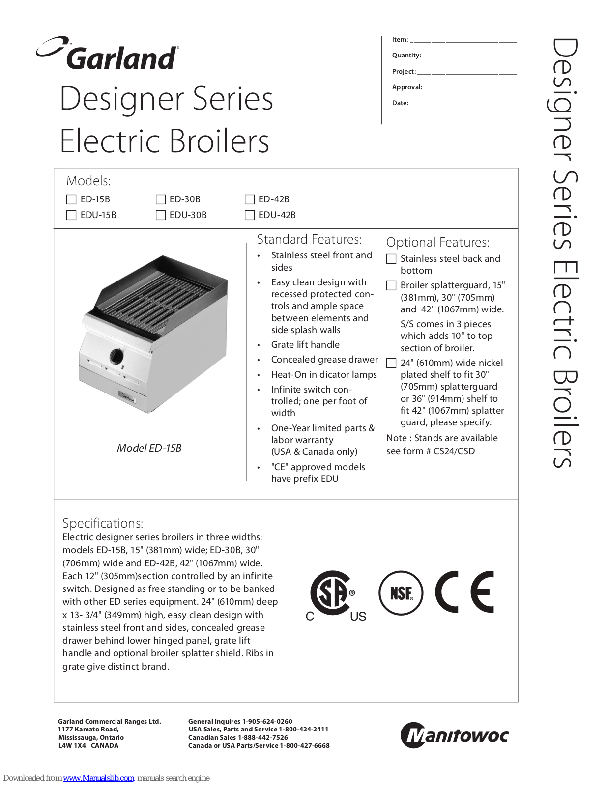 Garland EDU-15B, ED-30B, EDU-30B, ED-42B, EDU-42B Information Sheet