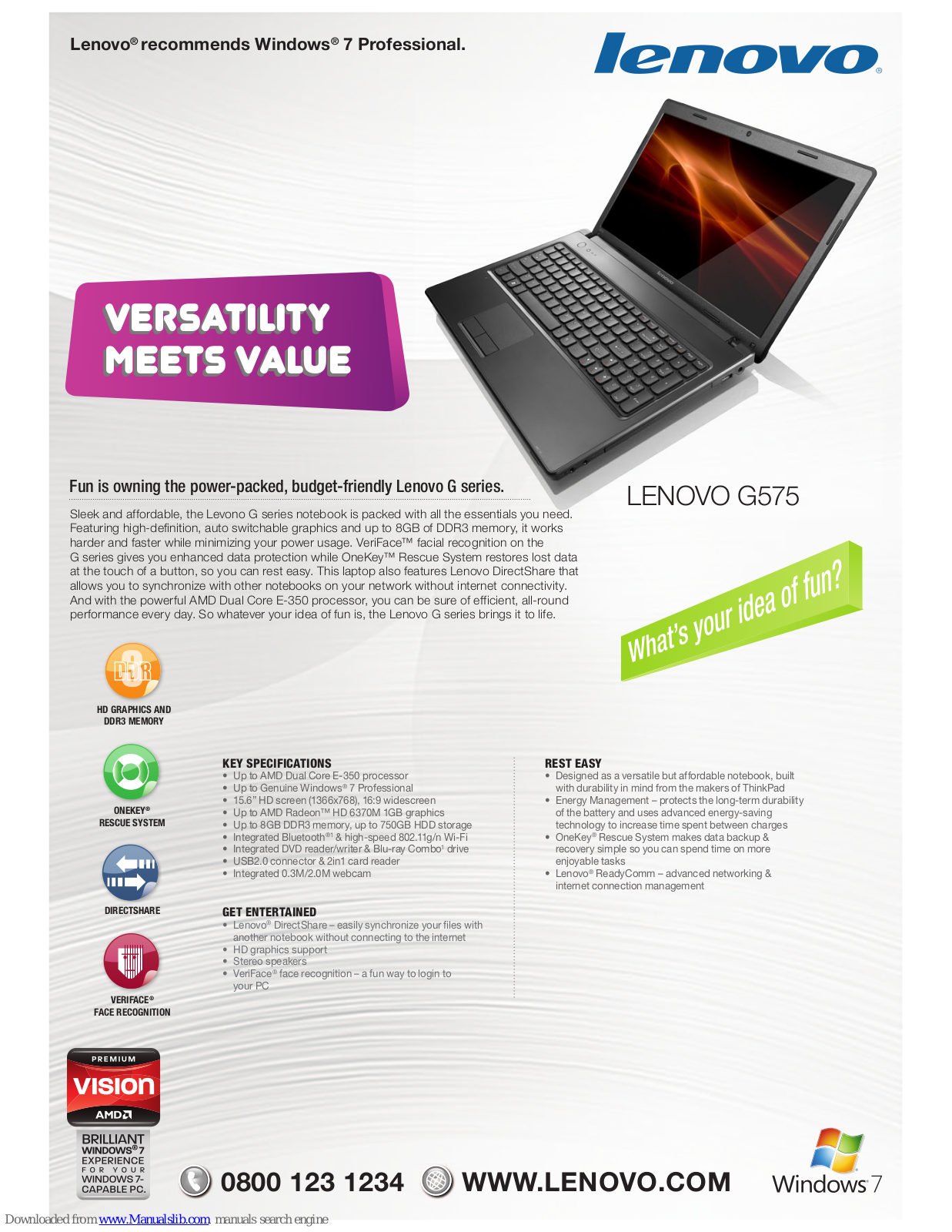 Lenovo G575 4383, 43833NU, 43834WU, 43835GU, G575 Specifications